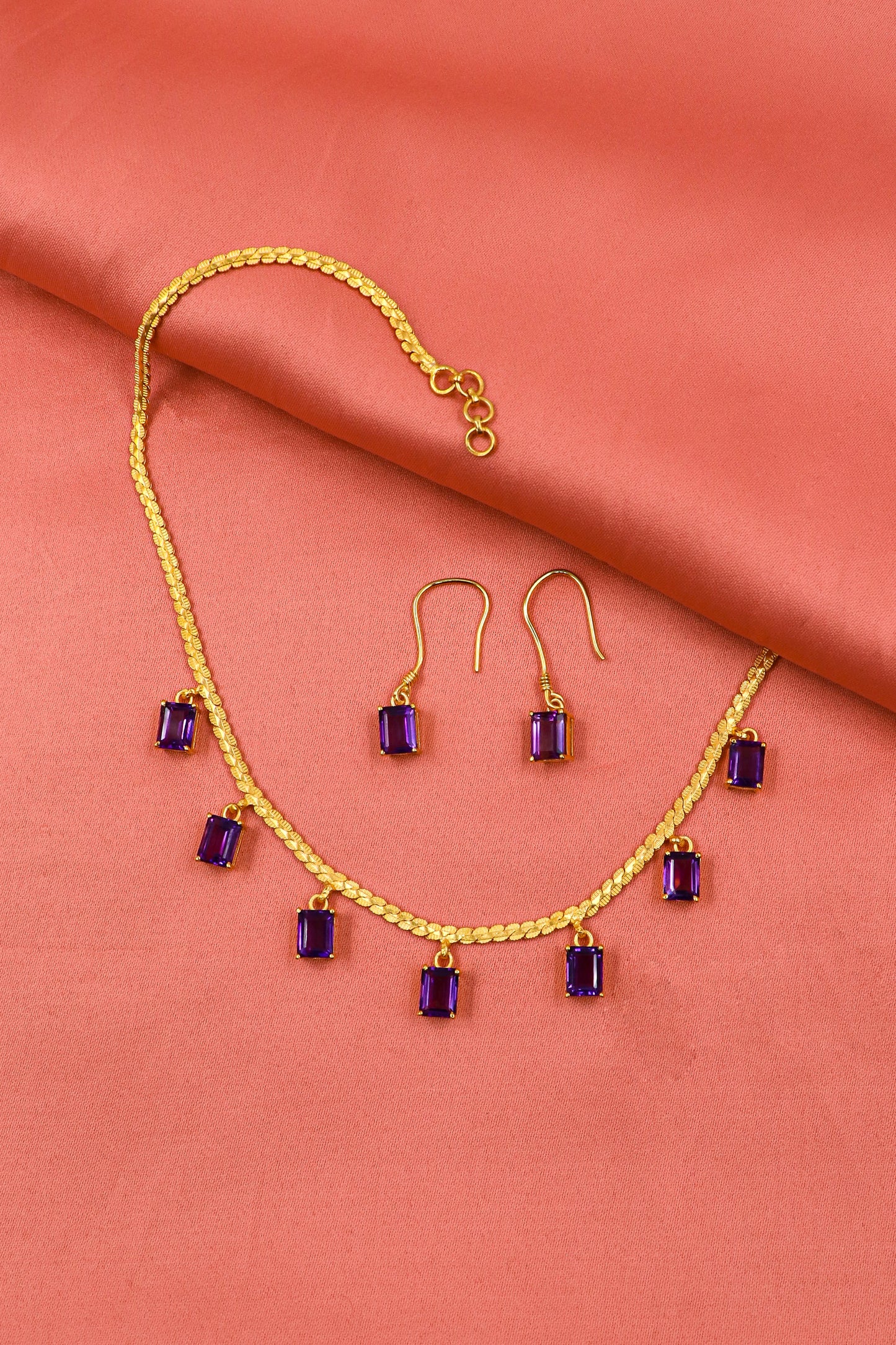 Purple Amethyst Gemstone With Gold Plated Chain And Earring Set Necklace Jewelry