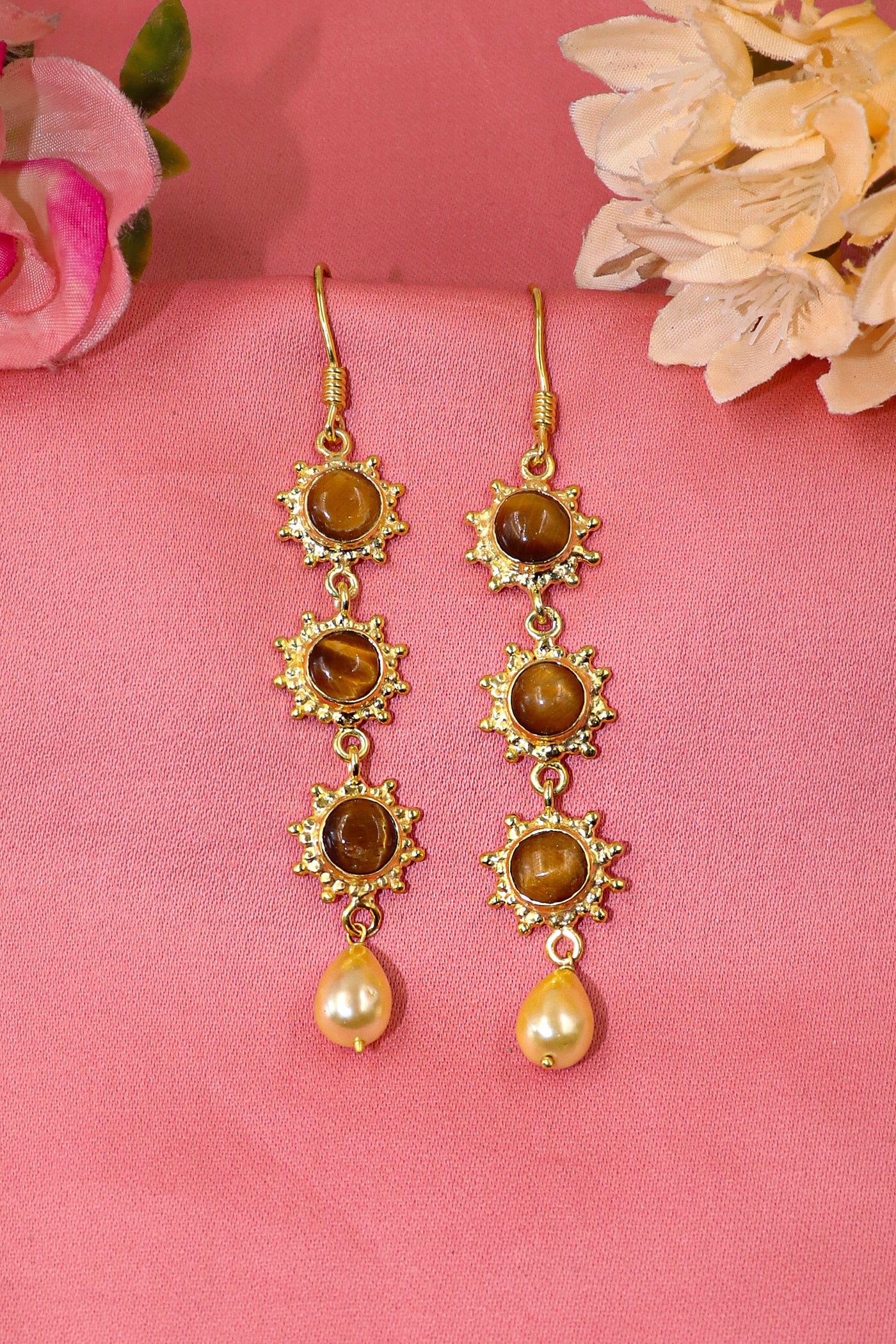 Tiger Eye And Pearl gemstone Designer Women Long Earring Jewelry