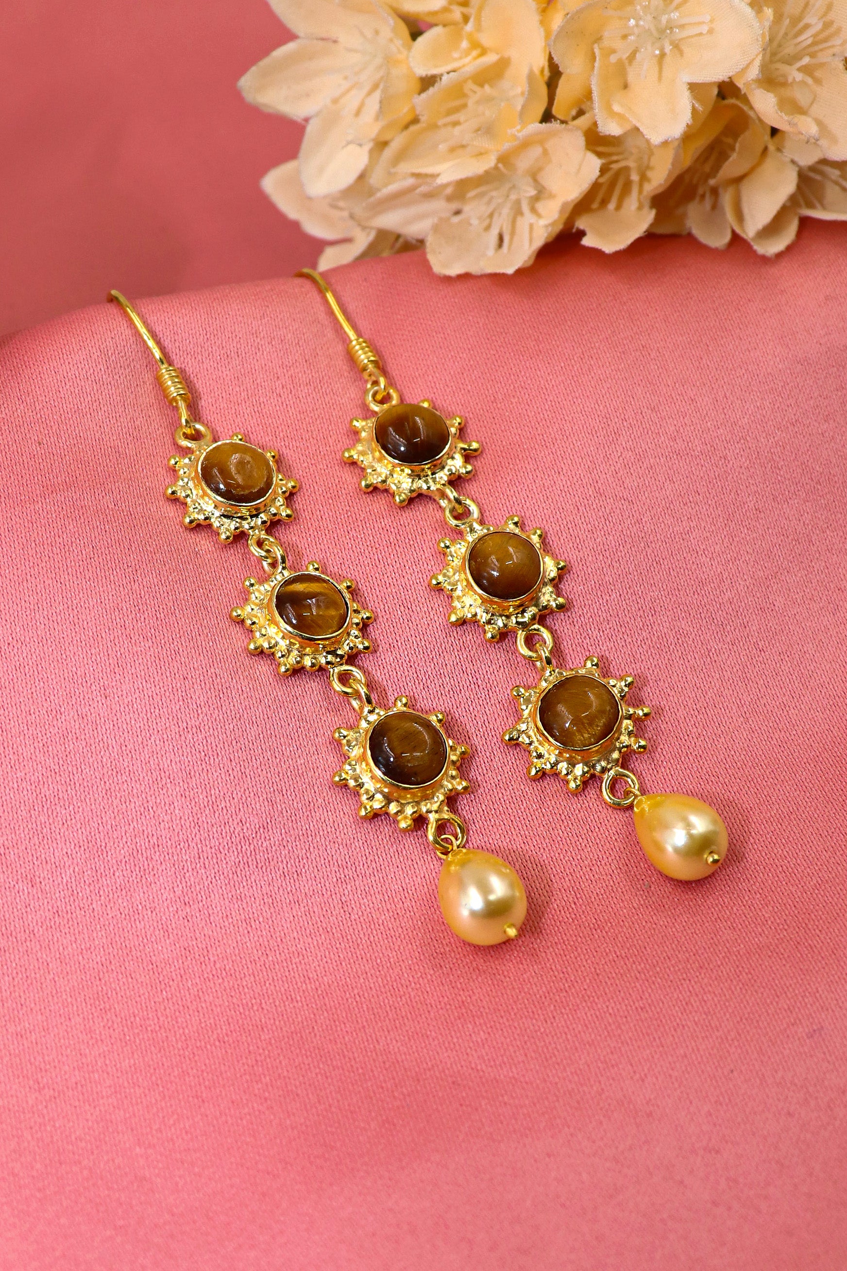 Tiger Eye And Pearl gemstone Designer Women Long Earring Jewelry