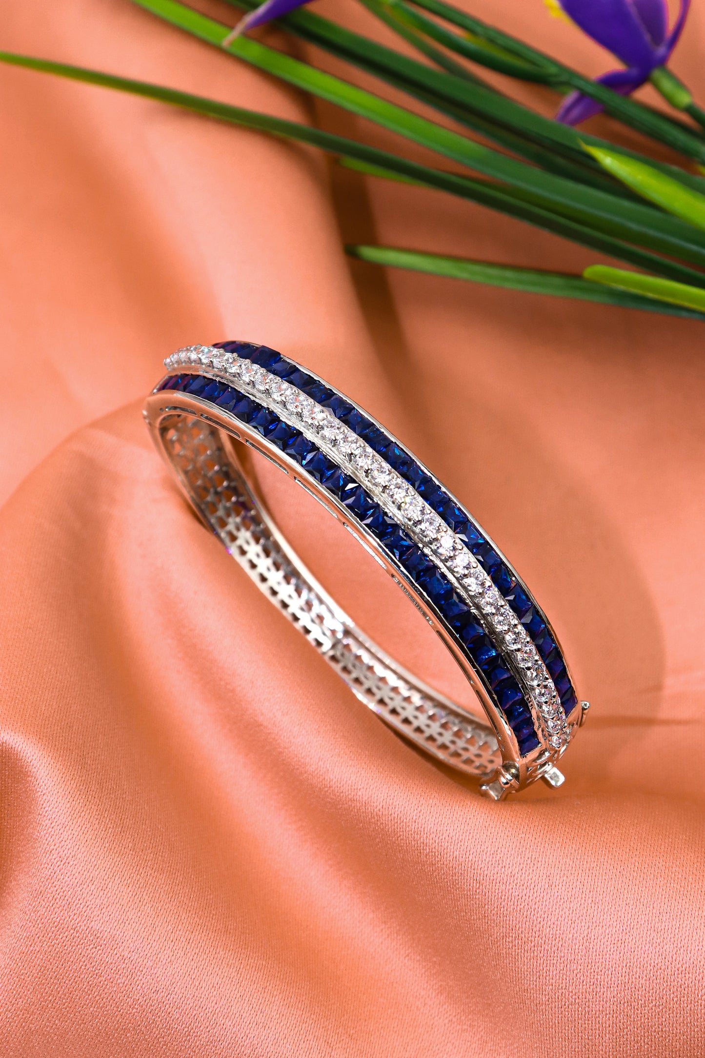 Designer Bangles With Blue Sapphire Gemstone And CZ Openable Bracelet Jewelry