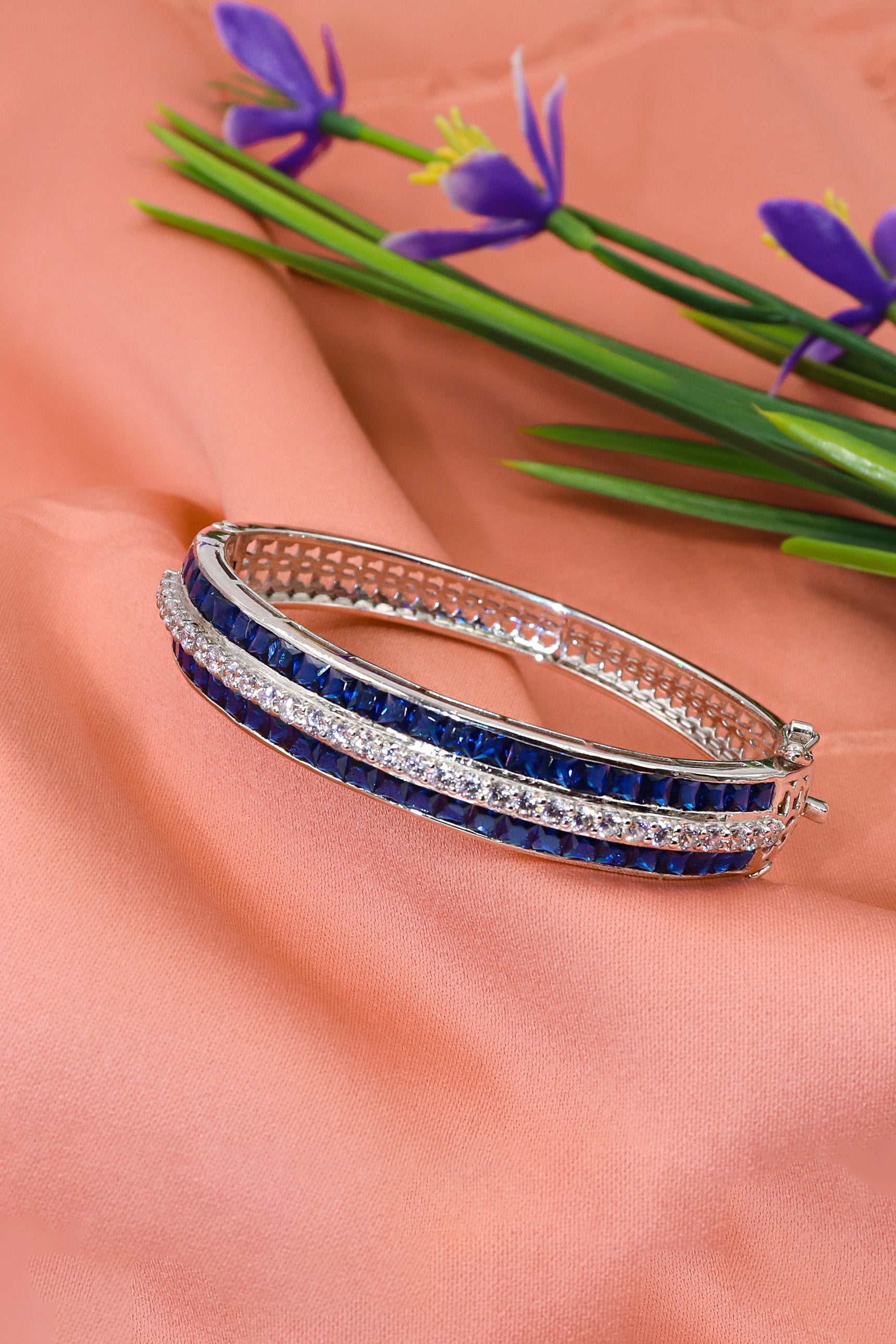 Designer Bangles With Blue Sapphire Gemstone And CZ Openable Bracelet Jewelry