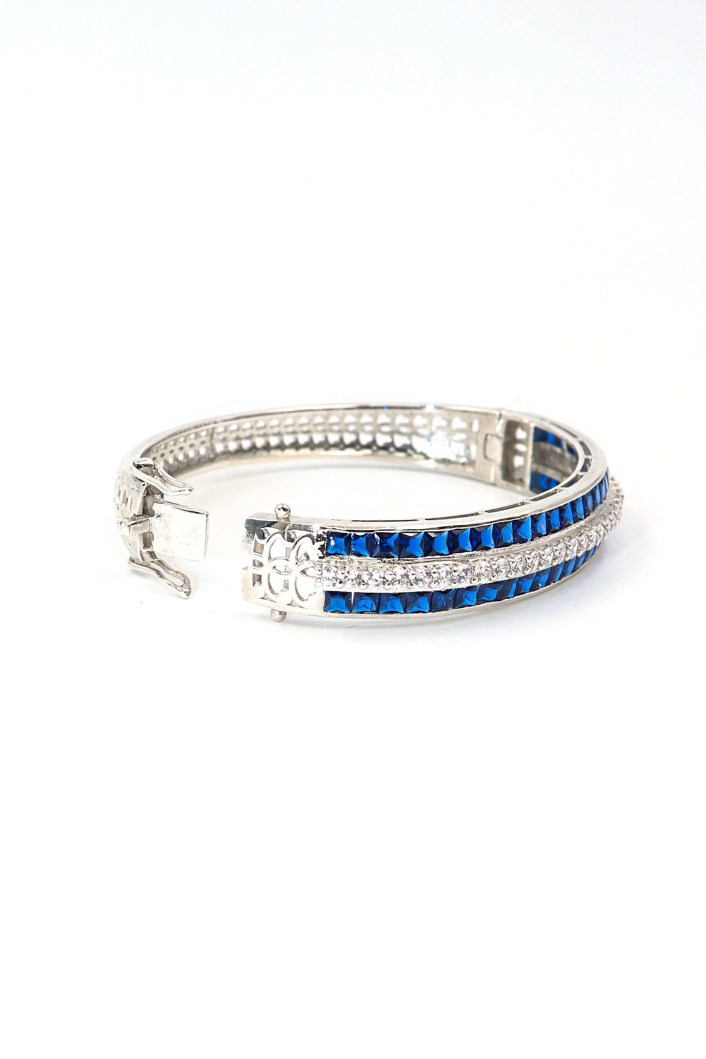 Designer Bangles With Blue Sapphire Gemstone And CZ Openable Bracelet Jewelry