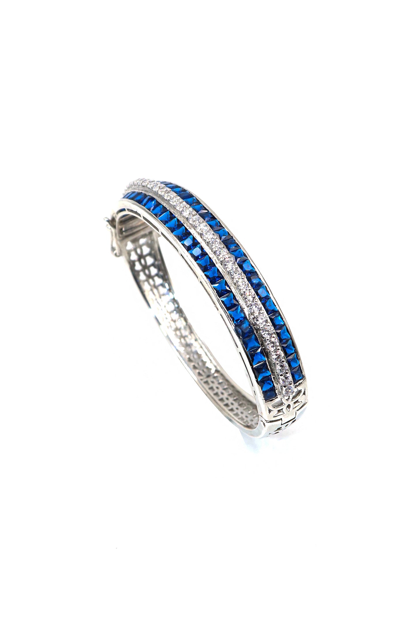 Designer Bangles With Blue Sapphire Gemstone And CZ Openable Bracelet Jewelry