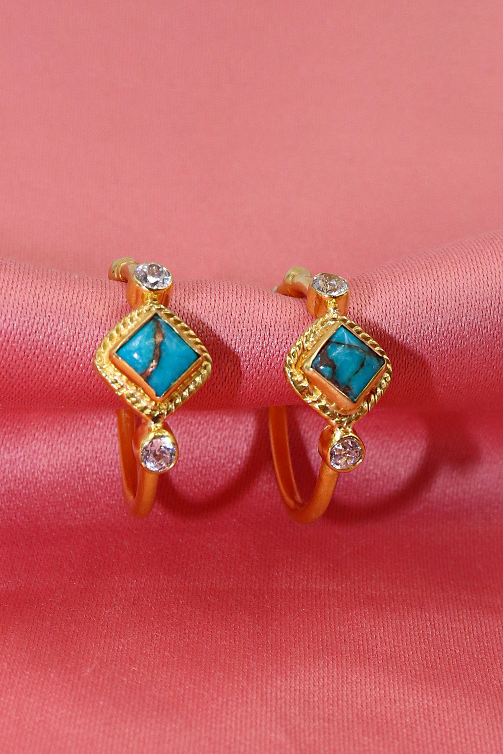 Turquoise Gemstone with CZ Studs Half Round Earring Jewelry for Women