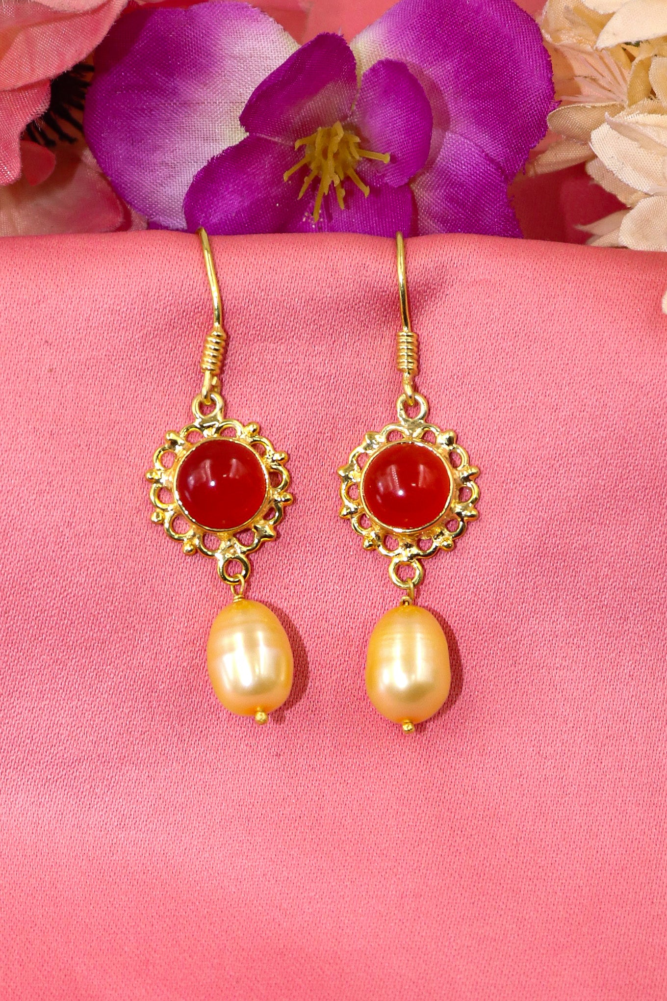 Pearl With Carnelian Gemstone Dangling Hook Earring Jewelry