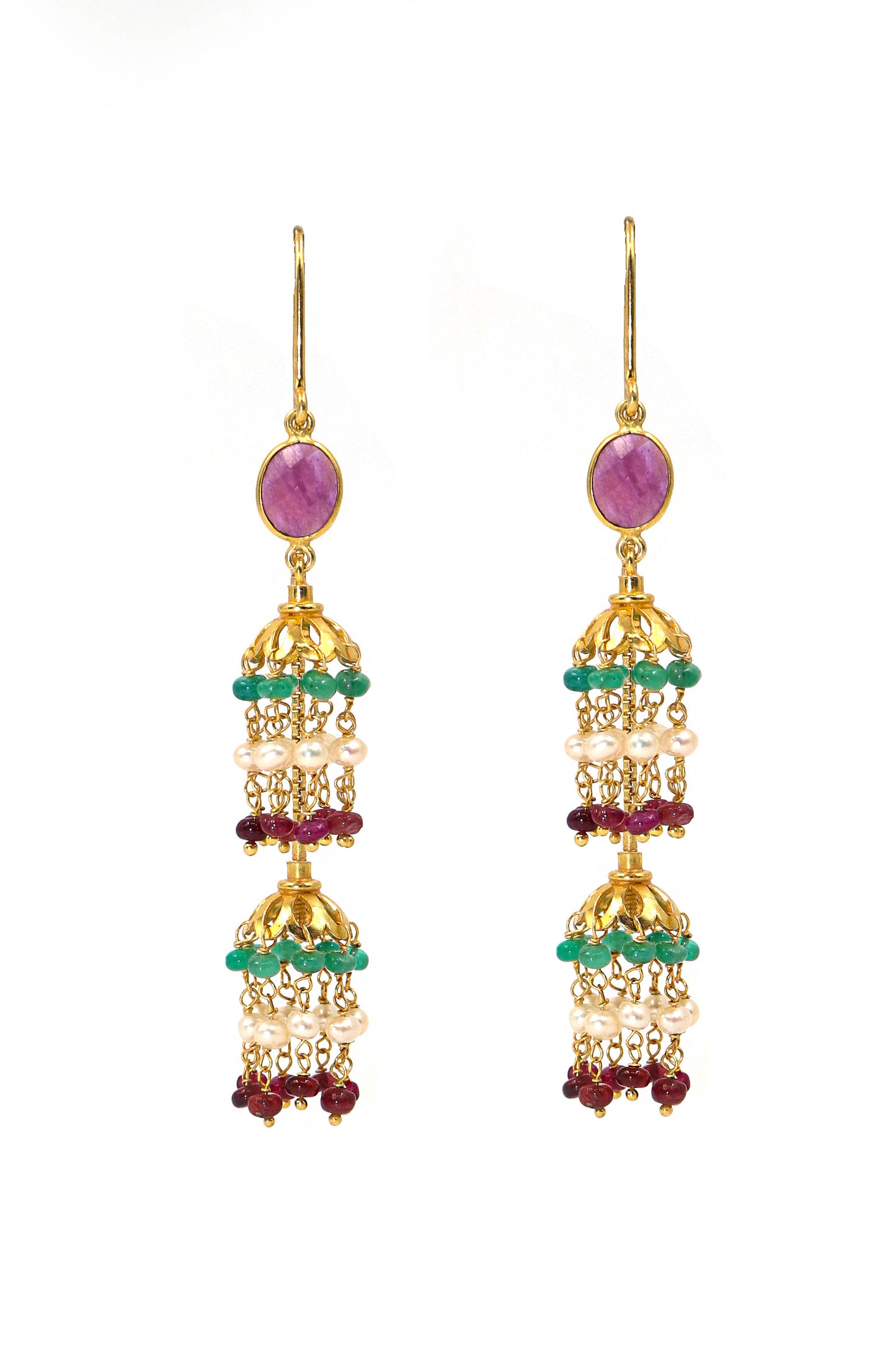 Gold Plated Ruby, Emerald, Pearl Gemstone Dangle Long Earring Women's Jewelry