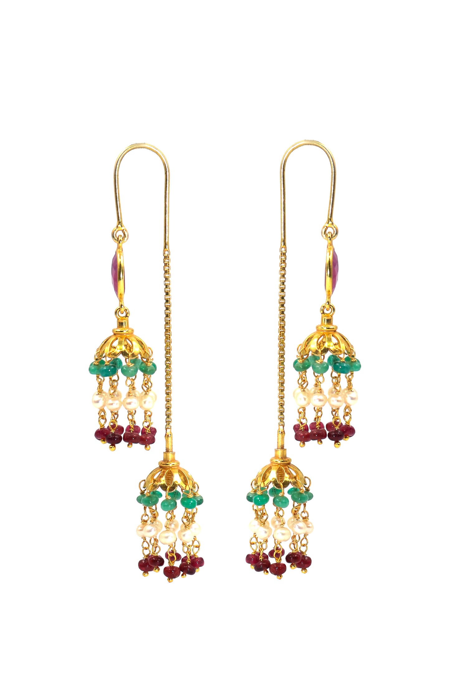 Gold Plated Ruby, Emerald, Pearl Gemstone Dangle Long Earring Women's Jewelry