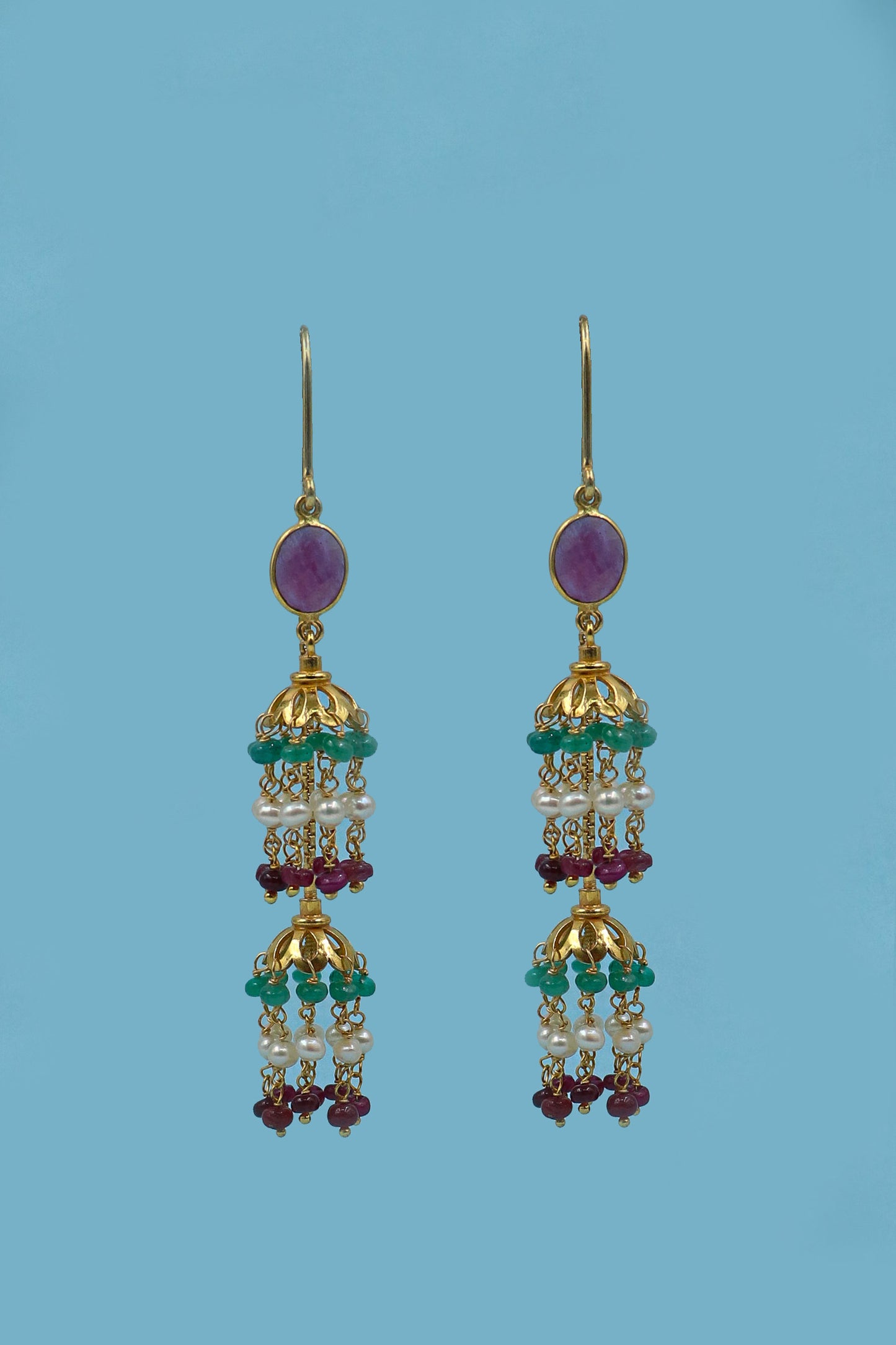 Gold Plated Ruby, Emerald, Pearl Gemstone Dangle Long Earring Women's Jewelry