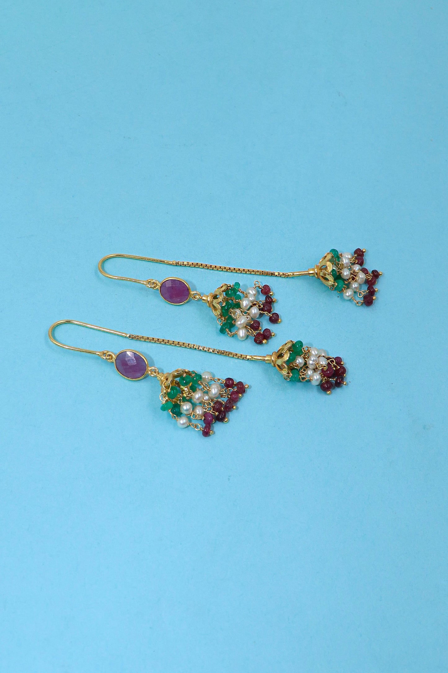 Gold Plated Ruby, Emerald, Pearl Gemstone Dangle Long Earring Women's Jewelry