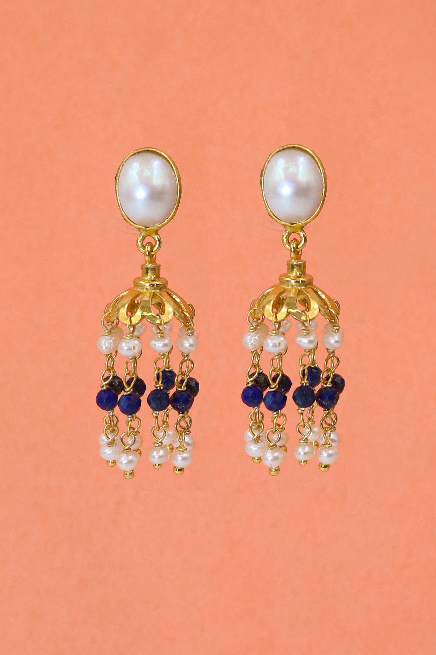 Gold Plated Lapis with Pearl Gemstone Dangle Long Studs Earring Women's Jewelry