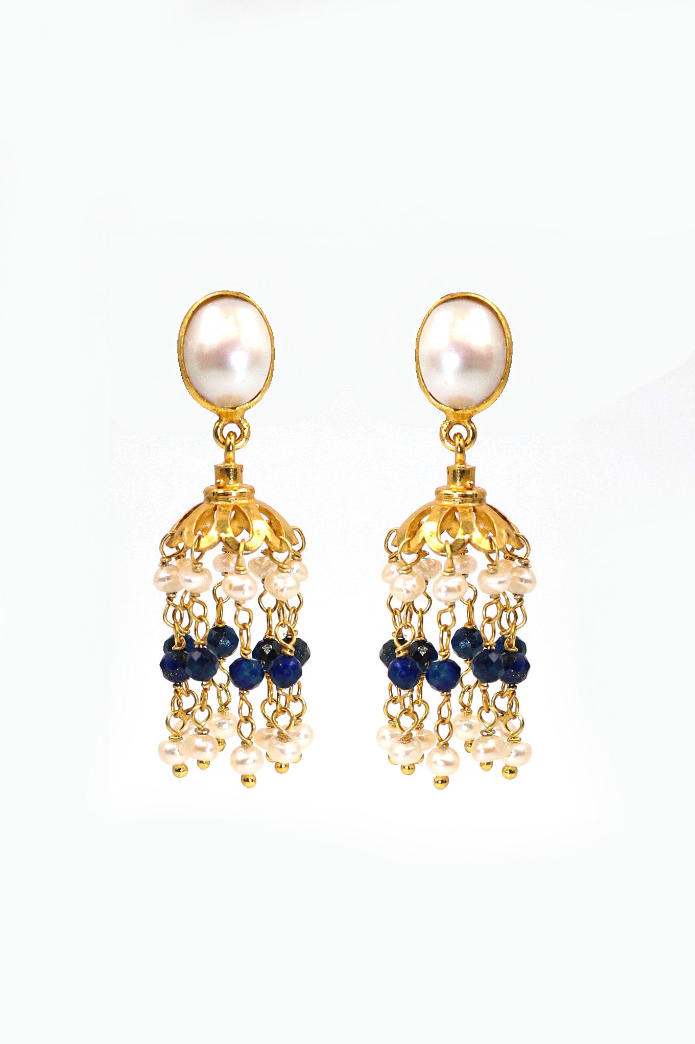 Gold Plated Lapis with Pearl Gemstone Dangle Long Studs Earring Women's Jewelry