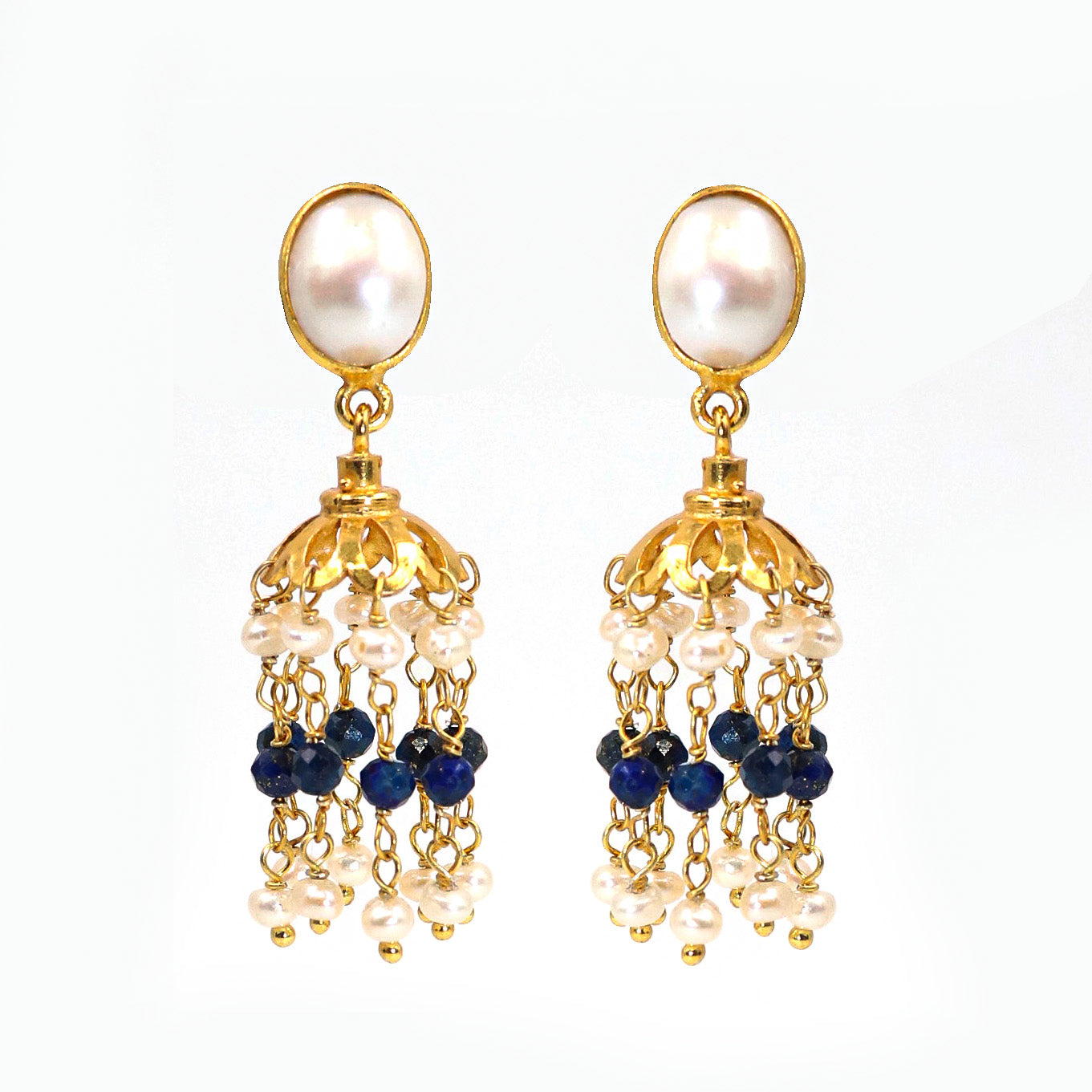 Gold Plated Lapis with Pearl Gemstone Dangle Long Studs Earring Women's Jewelry