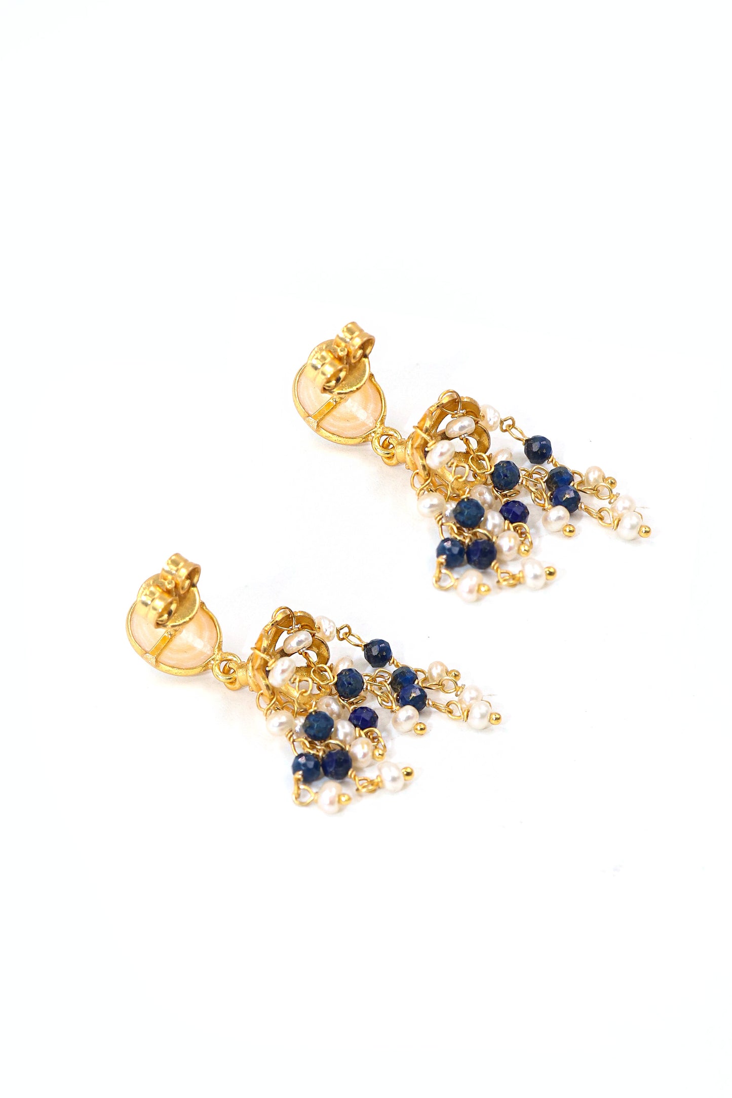 Gold Plated Lapis with Pearl Gemstone Dangle Long Studs Earring Women's Jewelry