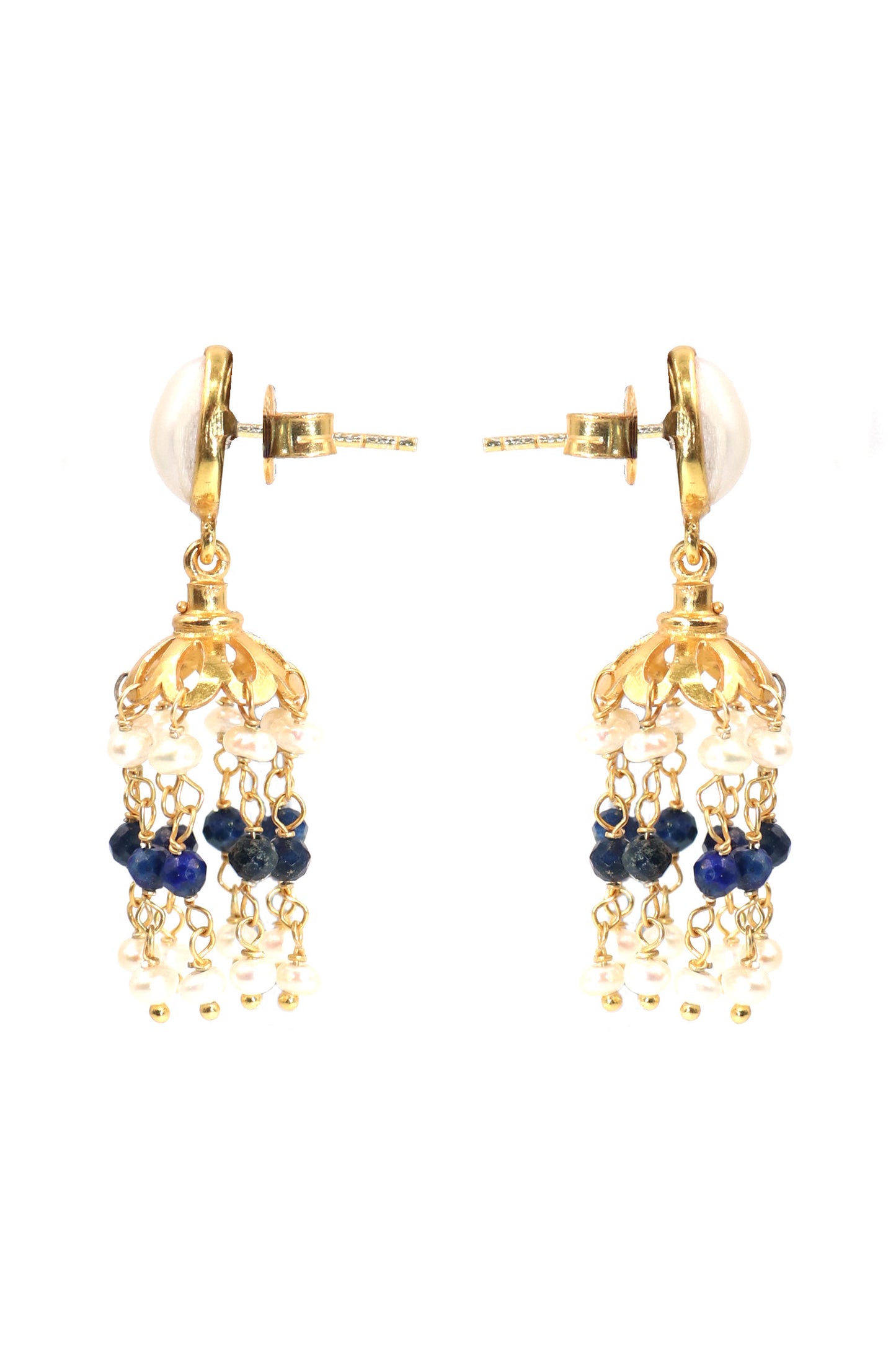 Gold Plated Lapis with Pearl Gemstone Dangle Long Studs Earring Women's Jewelry