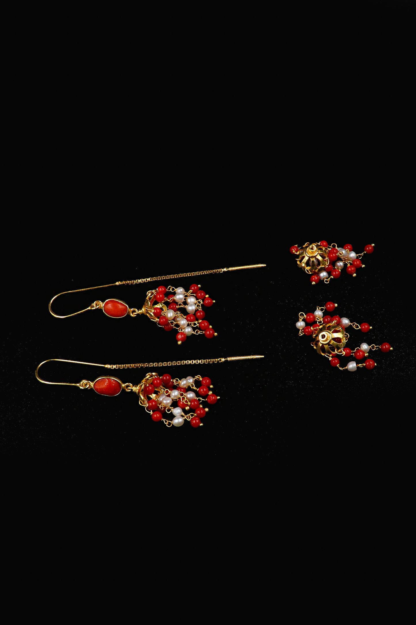 Gold Plated Coral with Pearl Gemstone Dangle Long Earring Party wear Jewelry