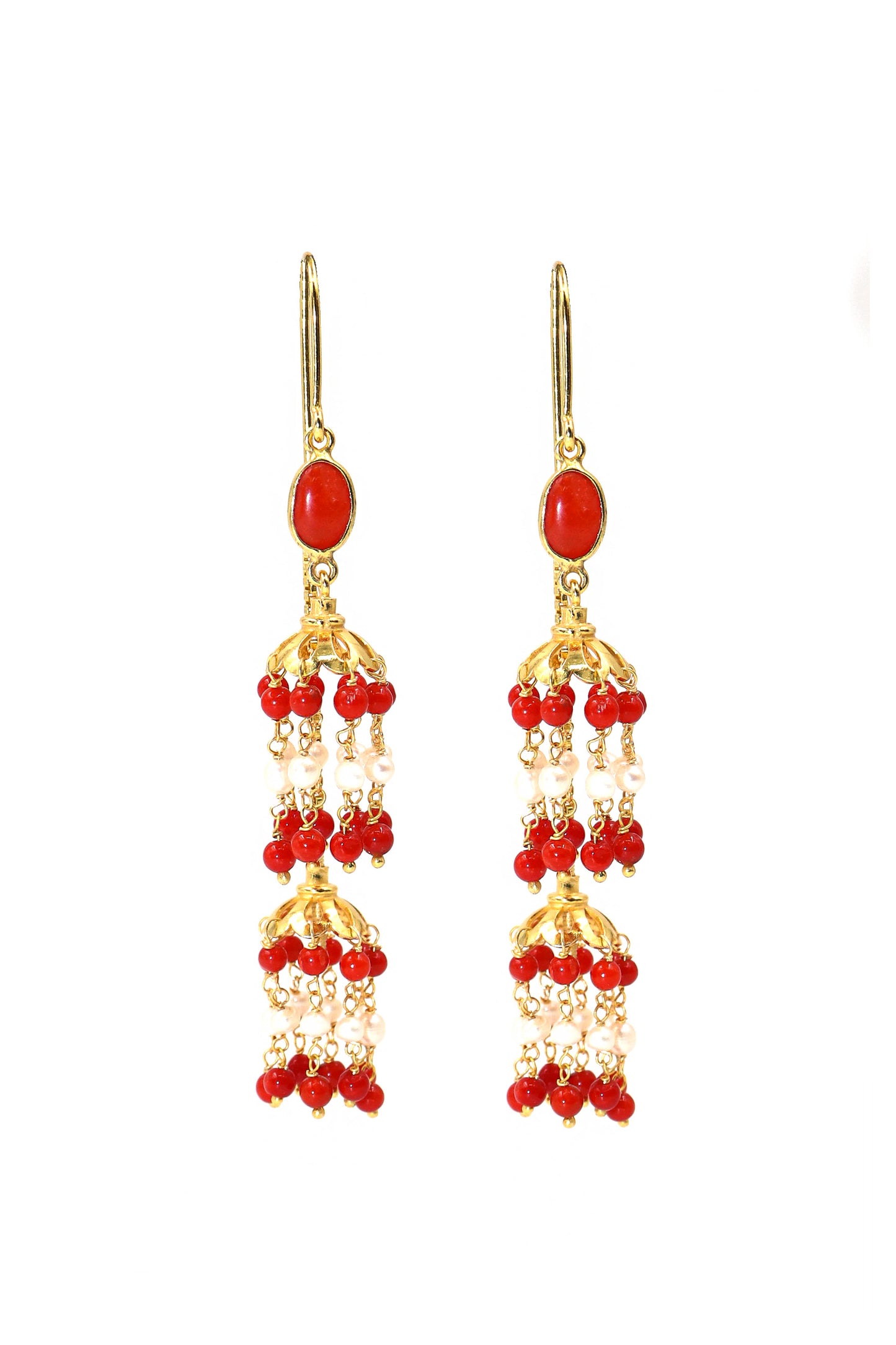 Gold Plated Coral with Pearl Gemstone Dangle Long Earring Party wear Jewelry