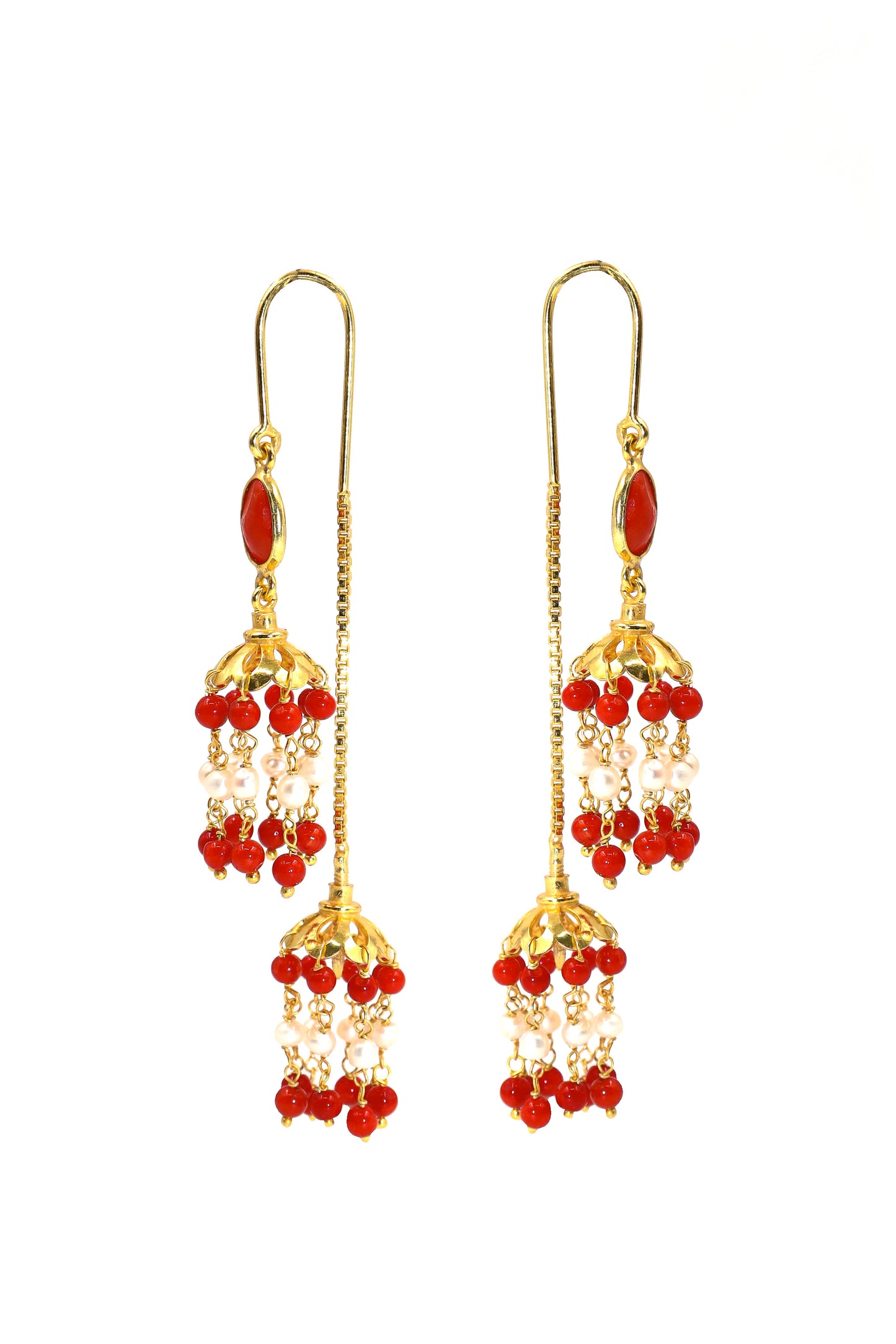 Gold Plated Coral with Pearl Gemstone Dangle Long Earring Party wear Jewelry