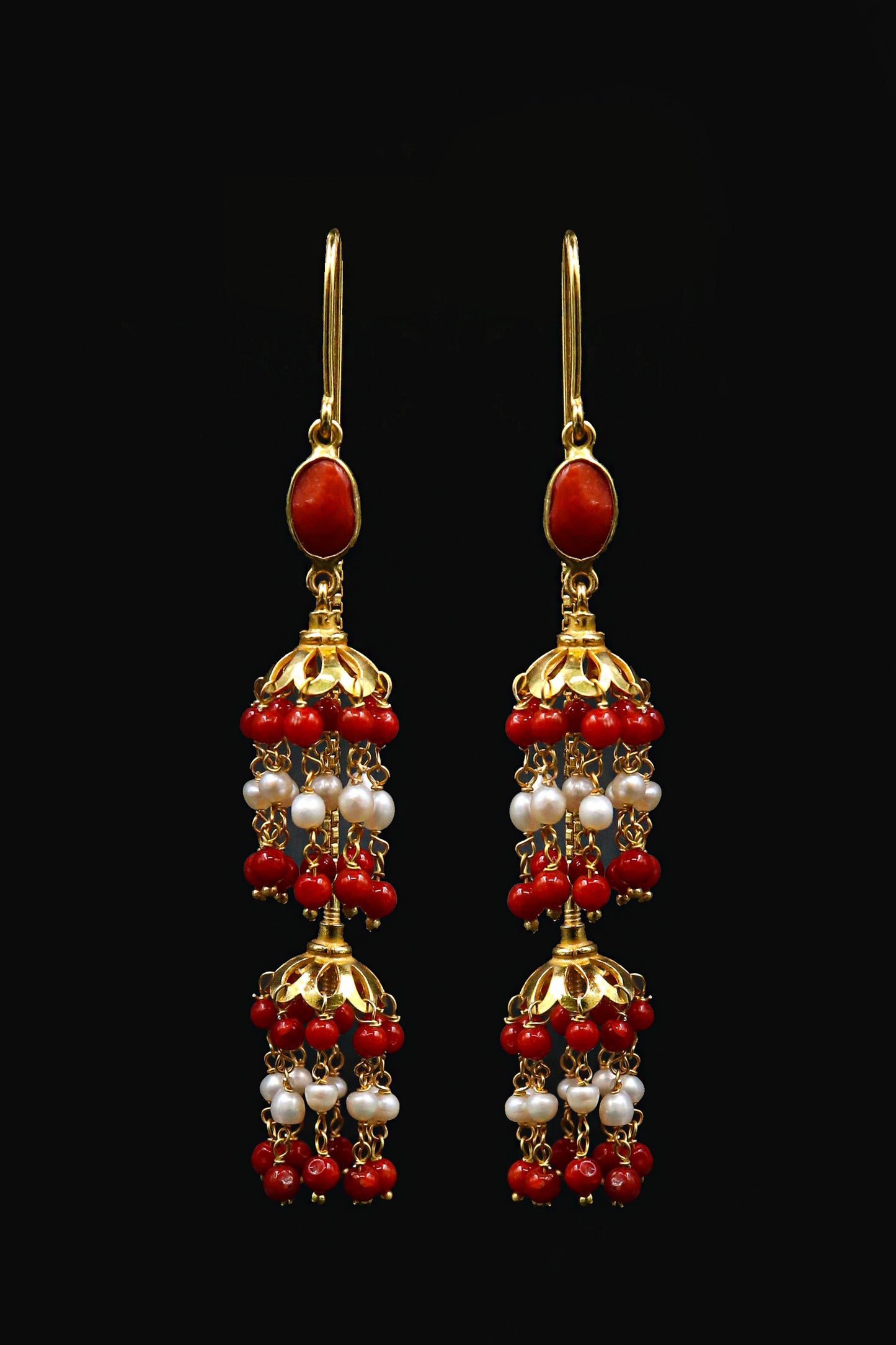 Gold Plated Coral with Pearl Gemstone Dangle Long Earring Party wear Jewelry