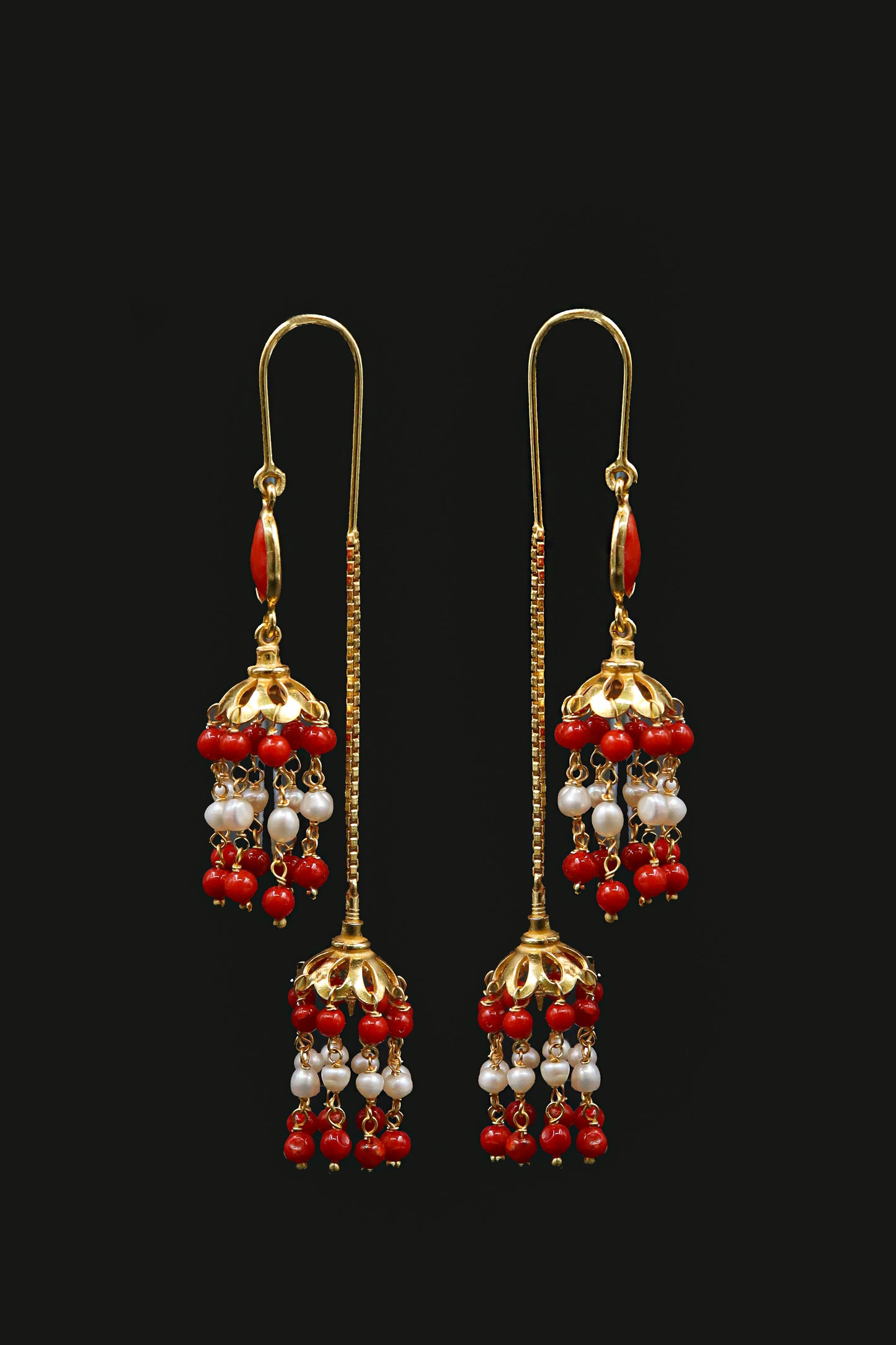 Gold Plated Coral with Pearl Gemstone Dangle Long Earring Party wear Jewelry