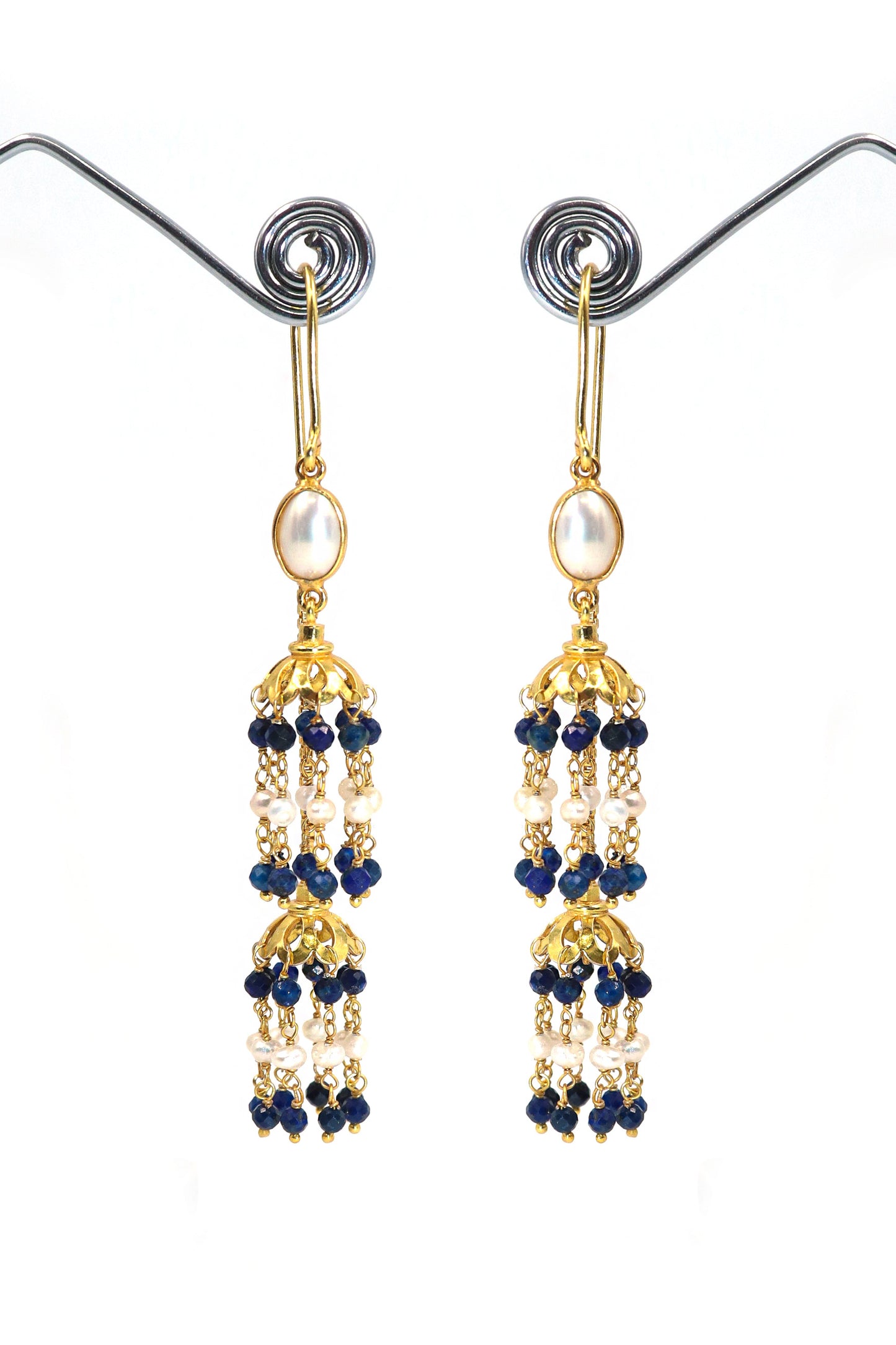 Gold Plated Lapis with Pearl Gemstone Dangle Sui-Daga Earring Women's Jewelry