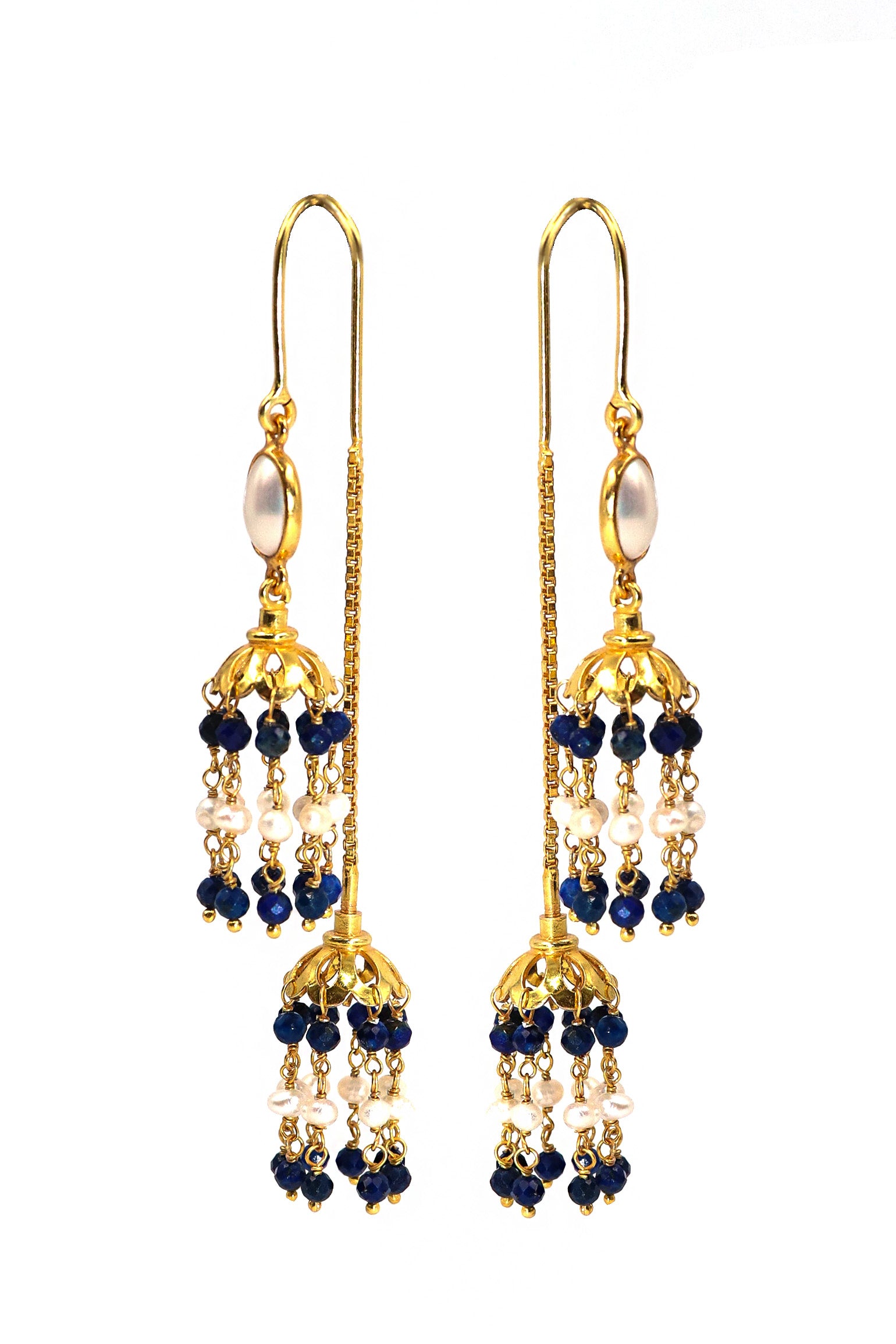 Gold Plated Lapis with Pearl Gemstone Dangle Sui-Daga Earring Women's Jewelry