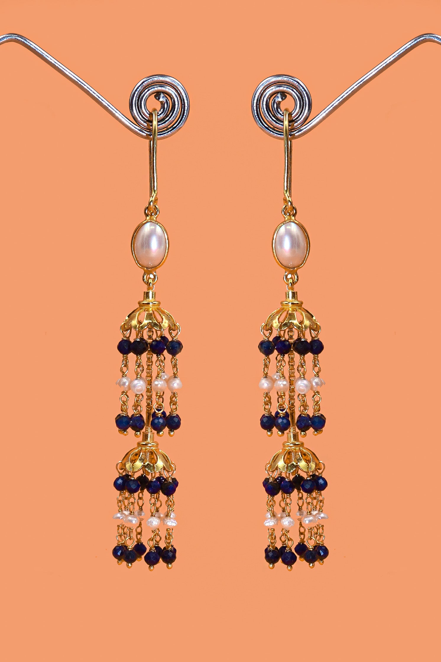 Gold Plated Lapis with Pearl Gemstone Dangle Sui-Daga Earring Women's Jewelry