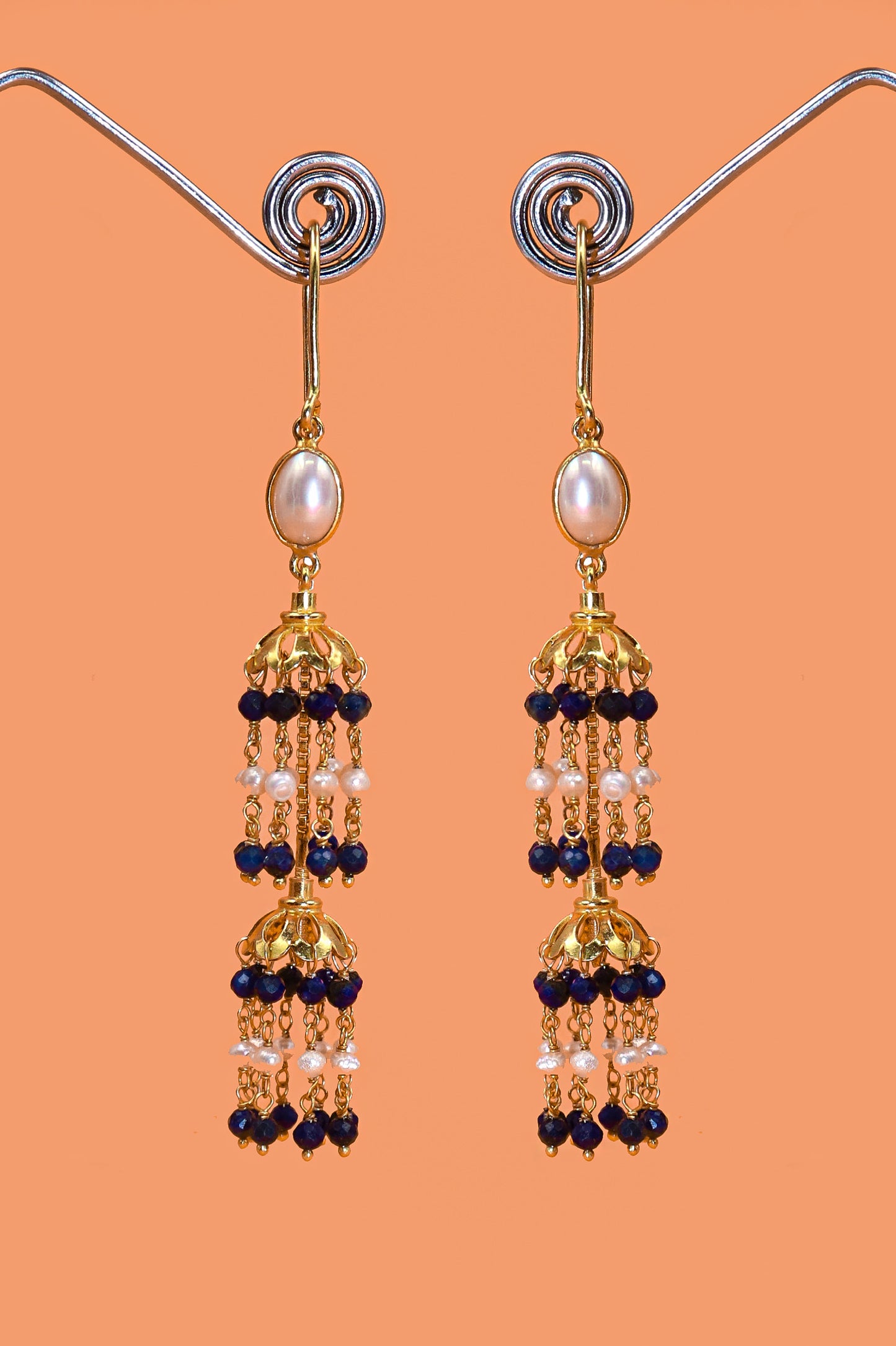 Gold Plated Lapis with Pearl Gemstone Dangle Sui-Daga Earring Women's Jewelry