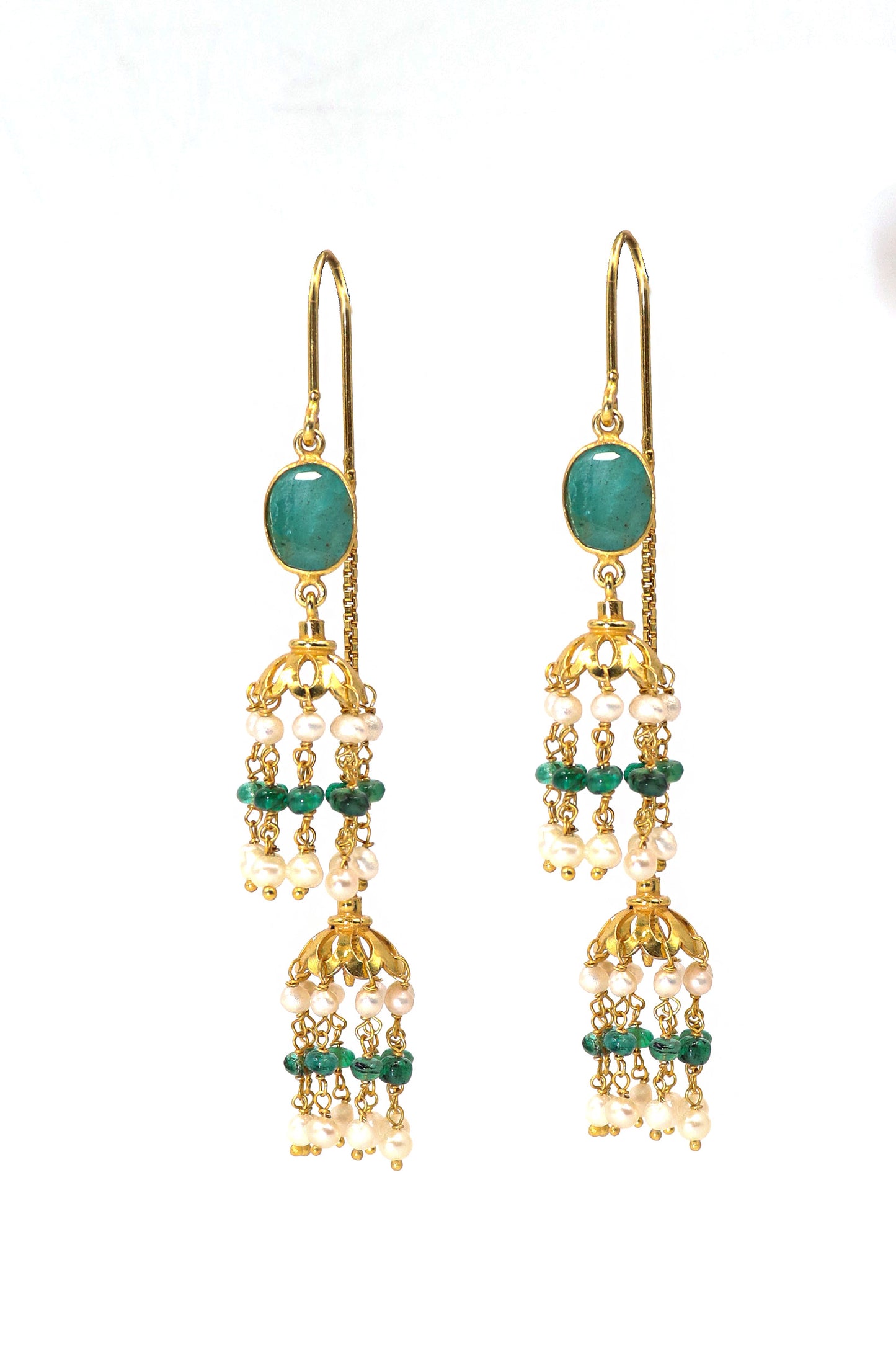 Gold Plated Emerald with Pearl Beaded Gemstones Dangle Sui-Daga Earring Women's Jewelry