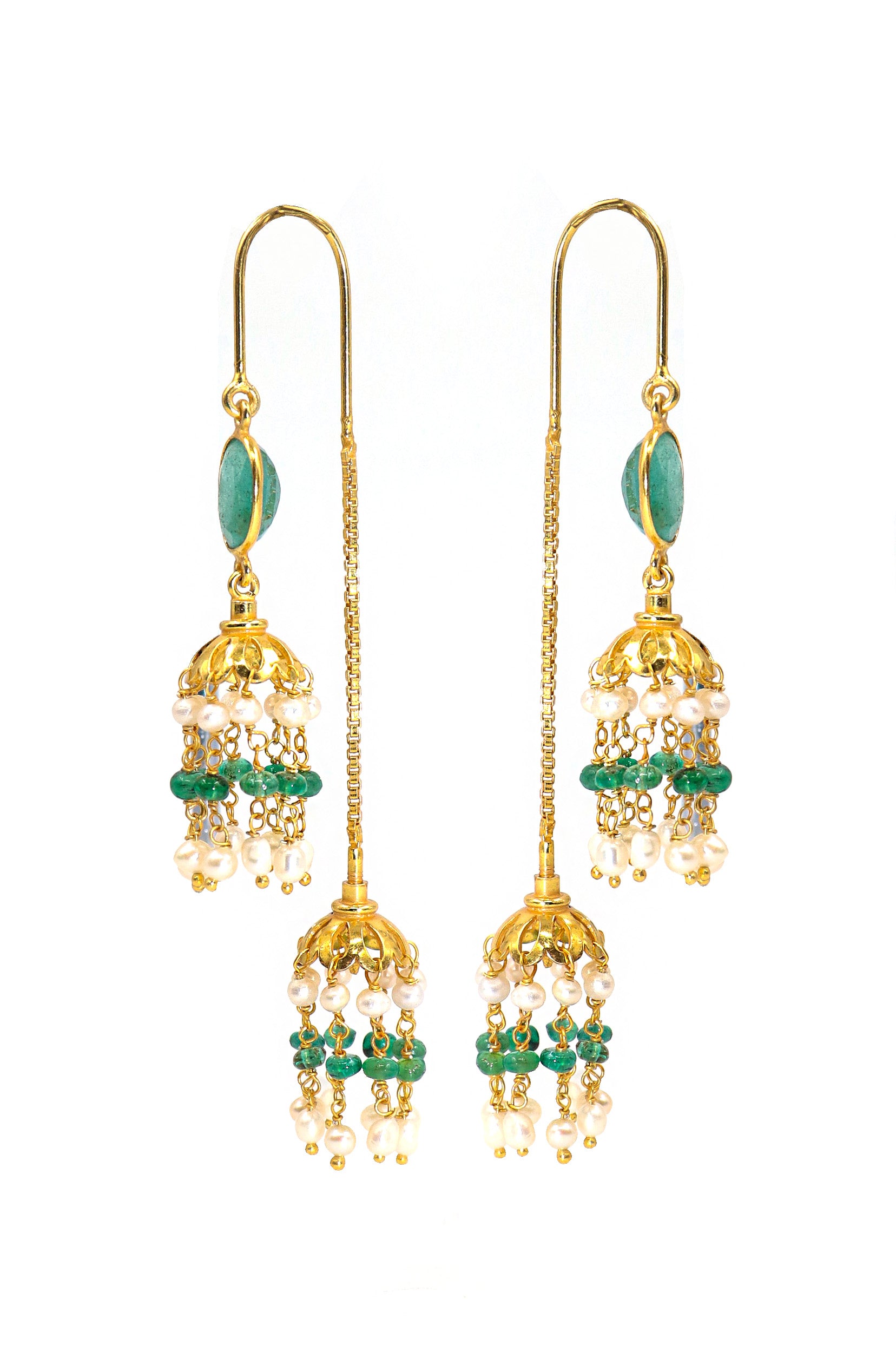 Gold Plated Emerald with Pearl Beaded Gemstones Dangle Sui-Daga Earring Women's Jewelry