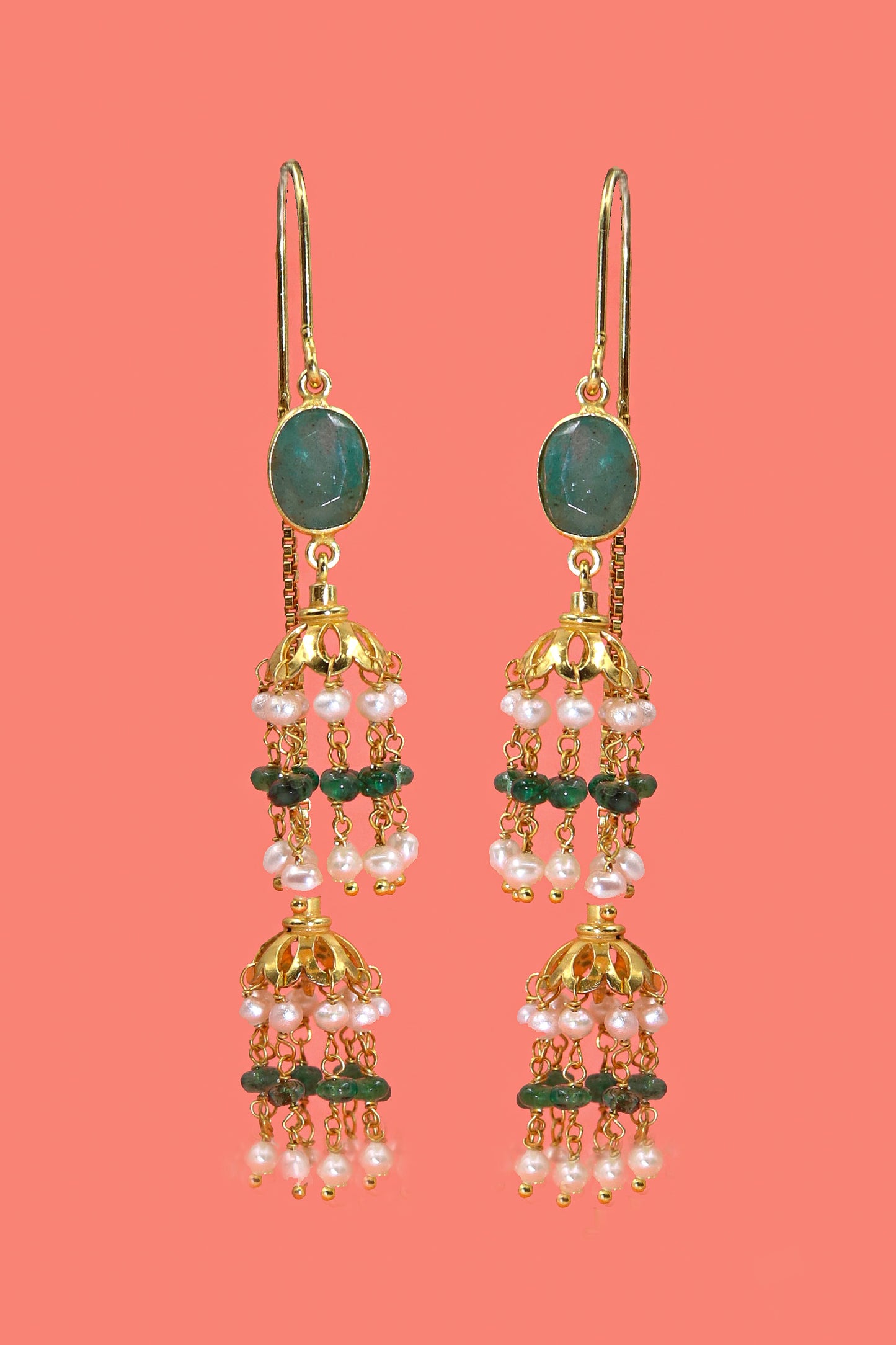 Gold Plated Emerald with Pearl Beaded Gemstones Dangle Sui-Daga Earring Women's Jewelry