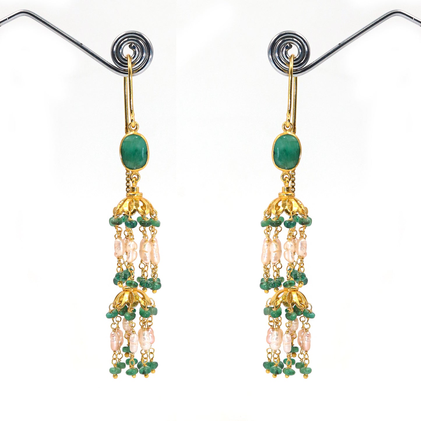 Gold Plated Emerald with Pearl Beaded Gemstones Dangle Sui-Daga Earring Jewelry