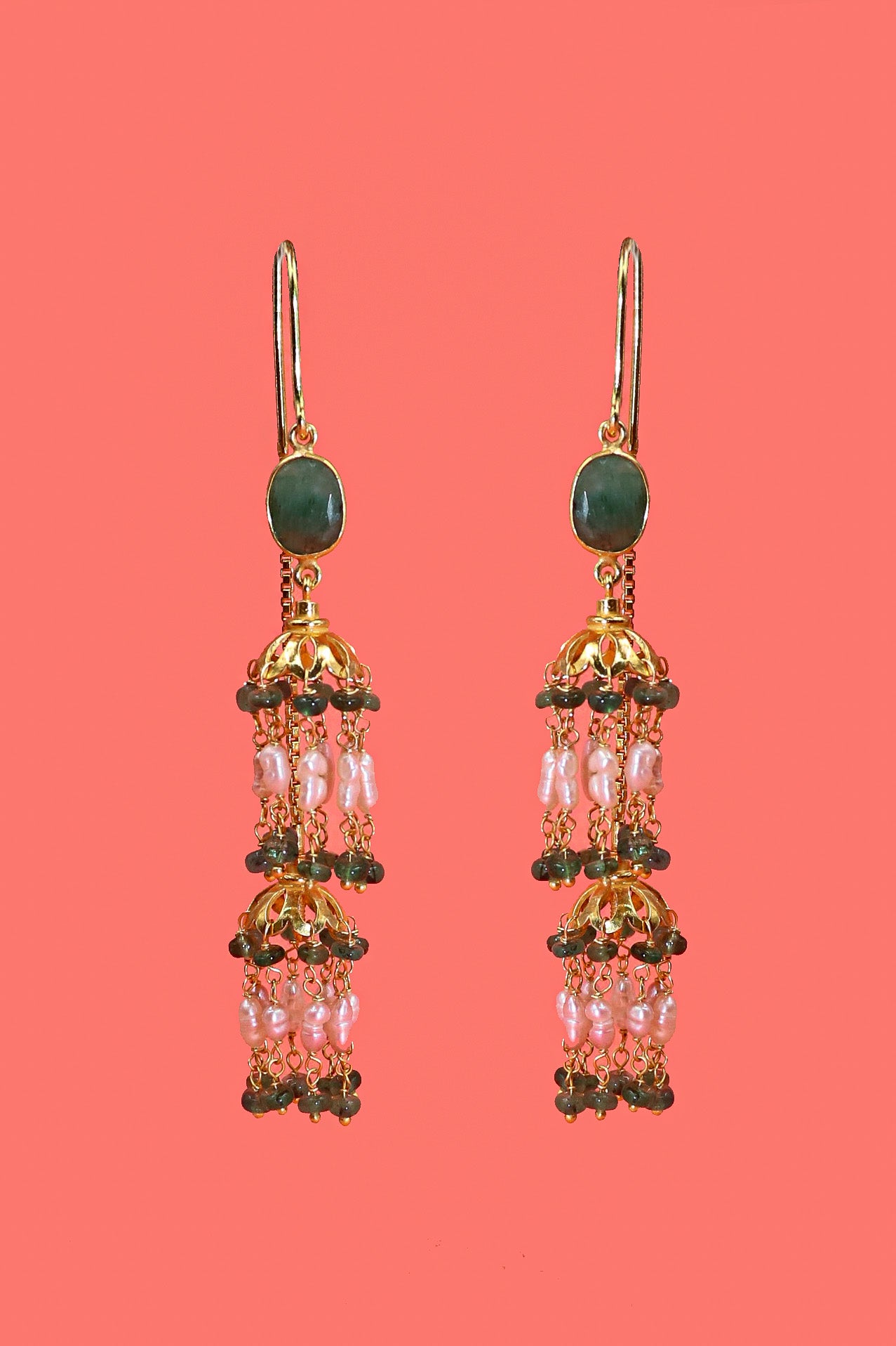 Gold Plated Emerald with Pearl Beaded Gemstones Dangle Sui-Daga Earring Jewelry