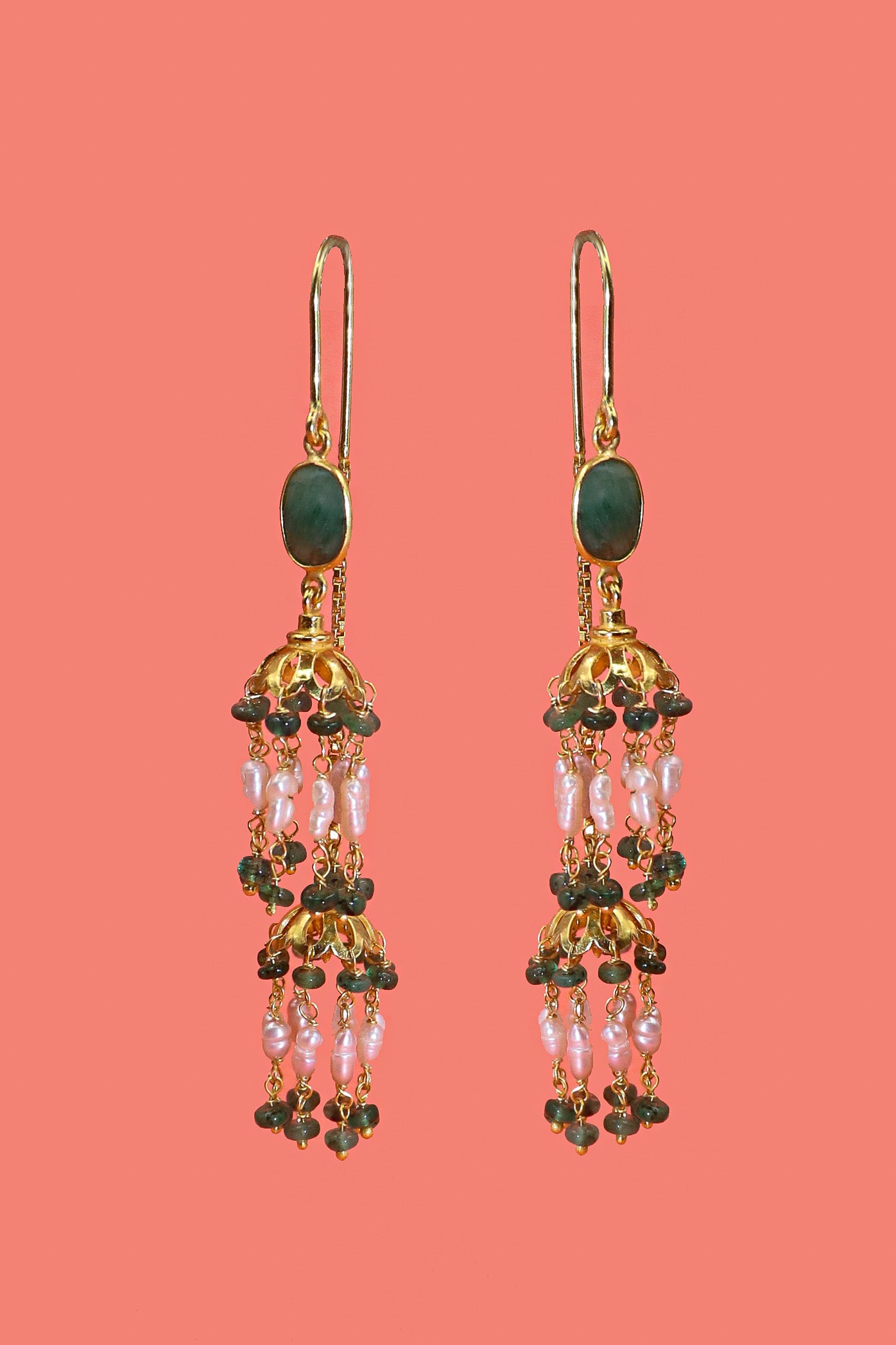 Gold Plated Emerald with Pearl Beaded Gemstones Dangle Sui-Daga Earring Jewelry