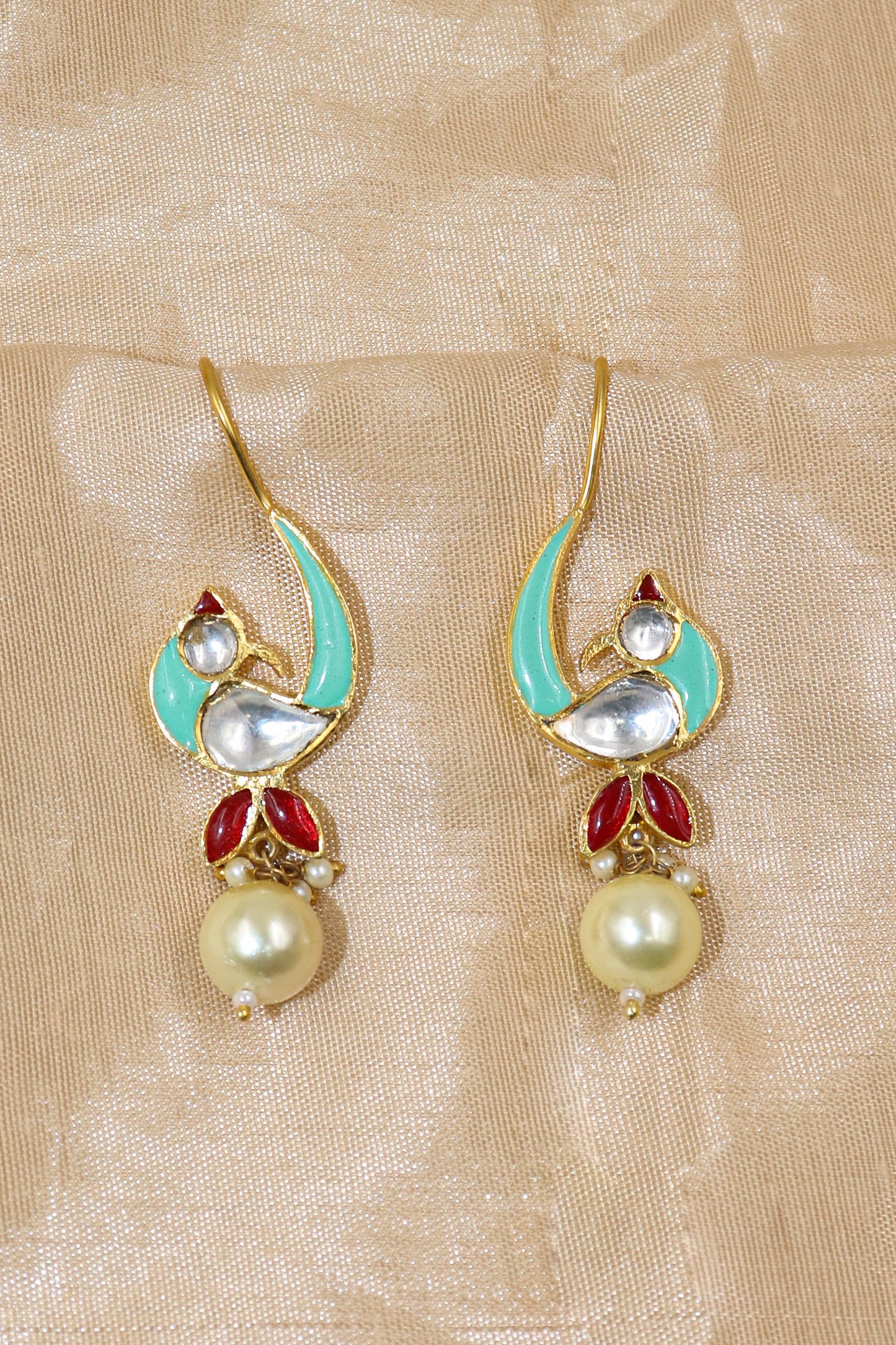 Gold Plated Pearl, Moissanite And Enamel Traditional Hook Earring Jewelry