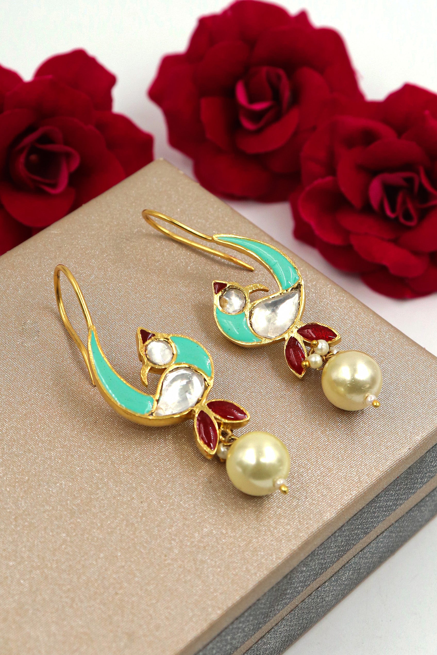 Gold Plated Pearl, Moissanite And Enamel Traditional Hook Earring Jewelry