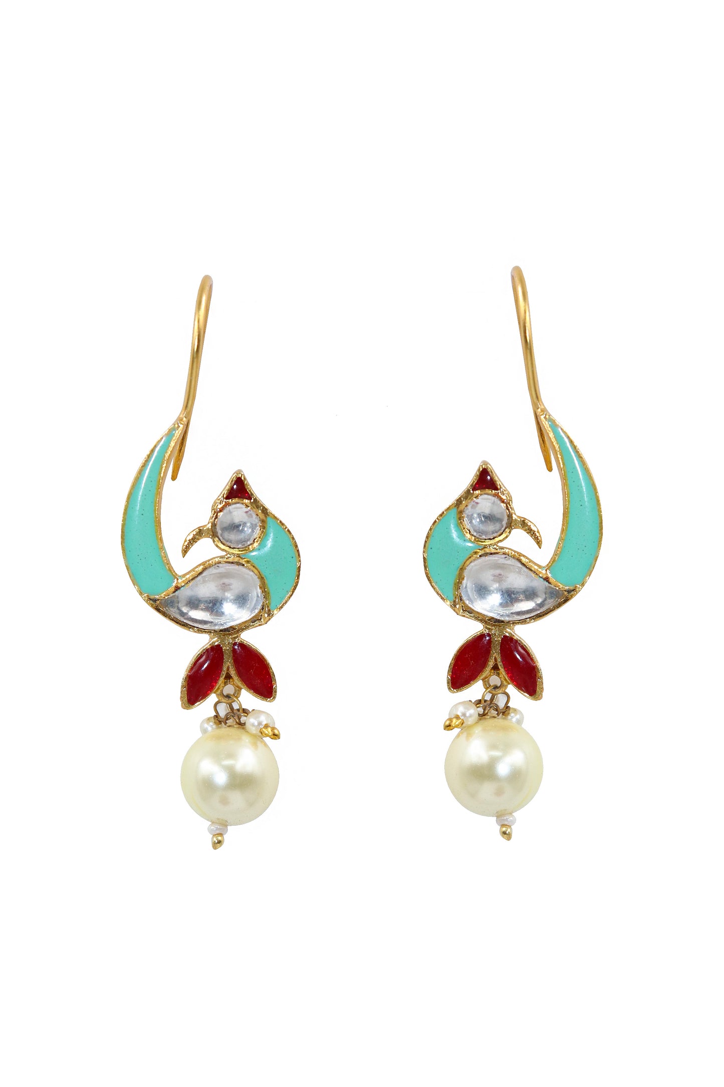 Gold Plated Pearl, Moissanite And Enamel Traditional Hook Earring Jewelry