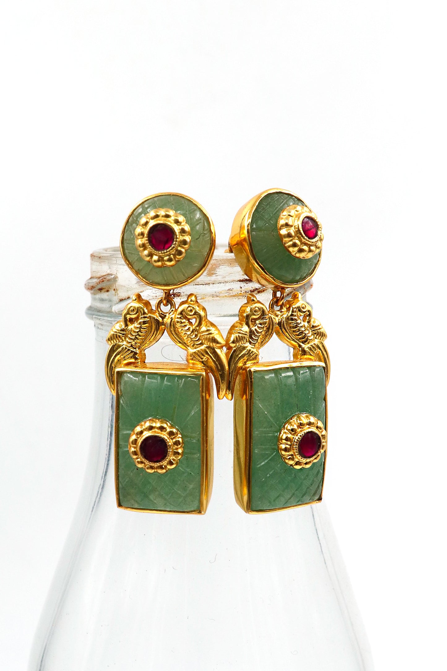 Gold Plated Semi Precious Carved Gemstone Studs Earring Jewelry