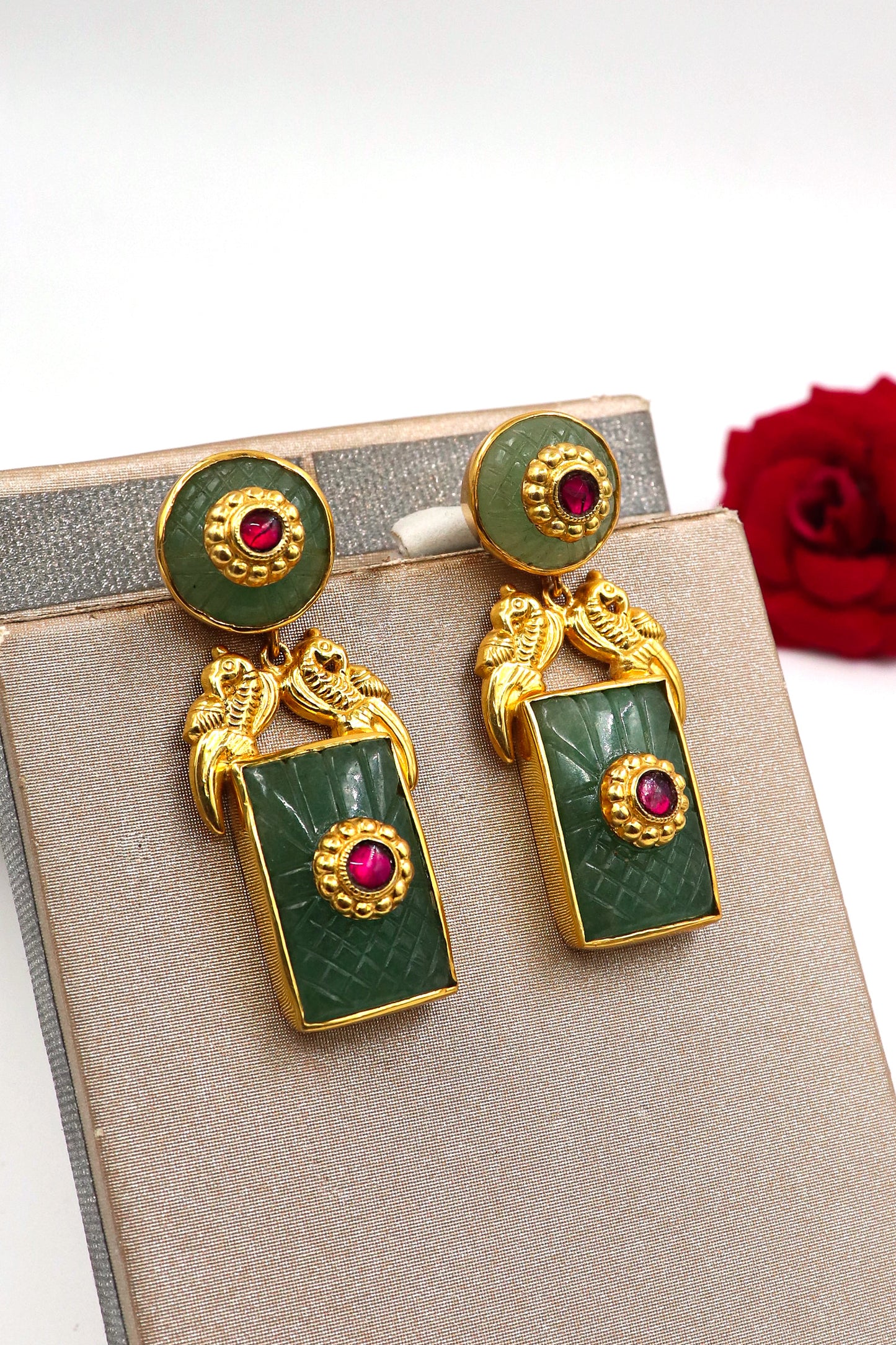 Gold Plated Semi Precious Carved Gemstone Studs Earring Jewelry