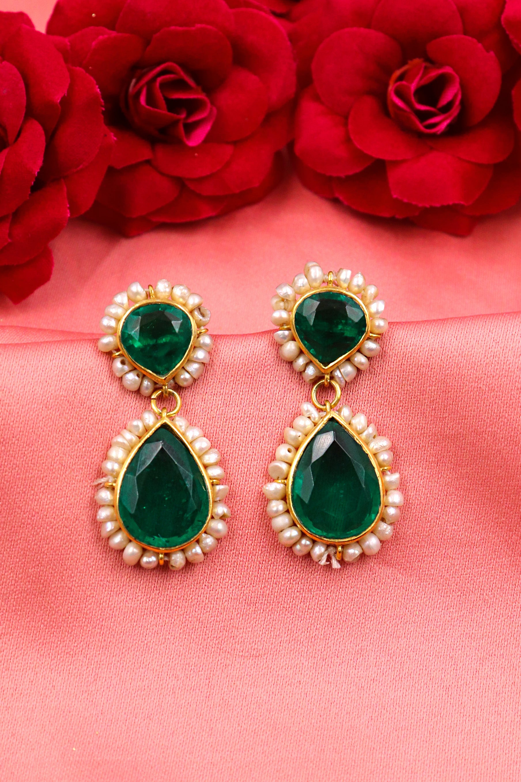 Designer Party Earrings Emerald With Pearl Gemstones Studs Earrings