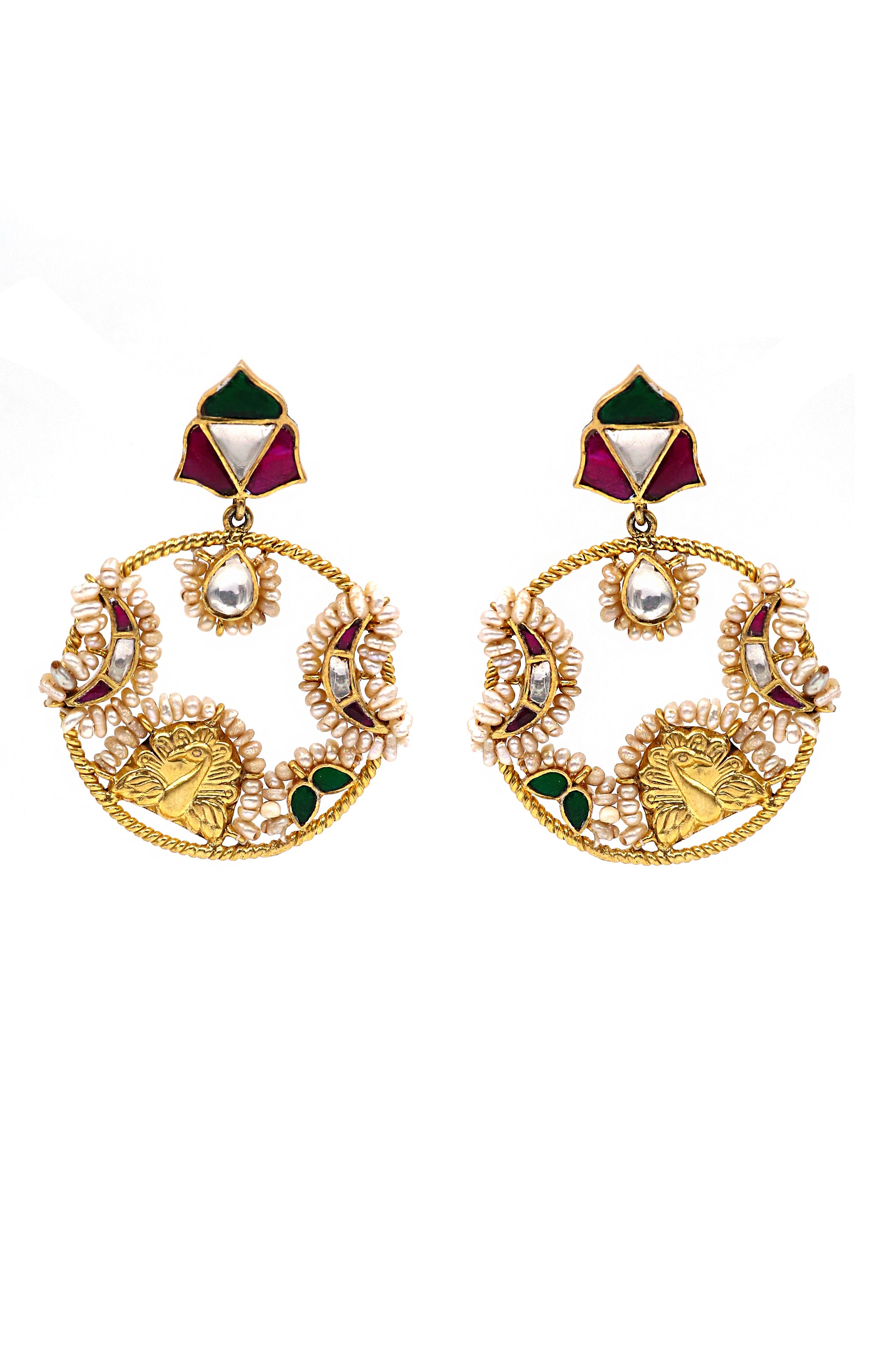 Traditional Mayur Style Gold-Plated Beaded Earrings Jewelry for Bride and Wedding