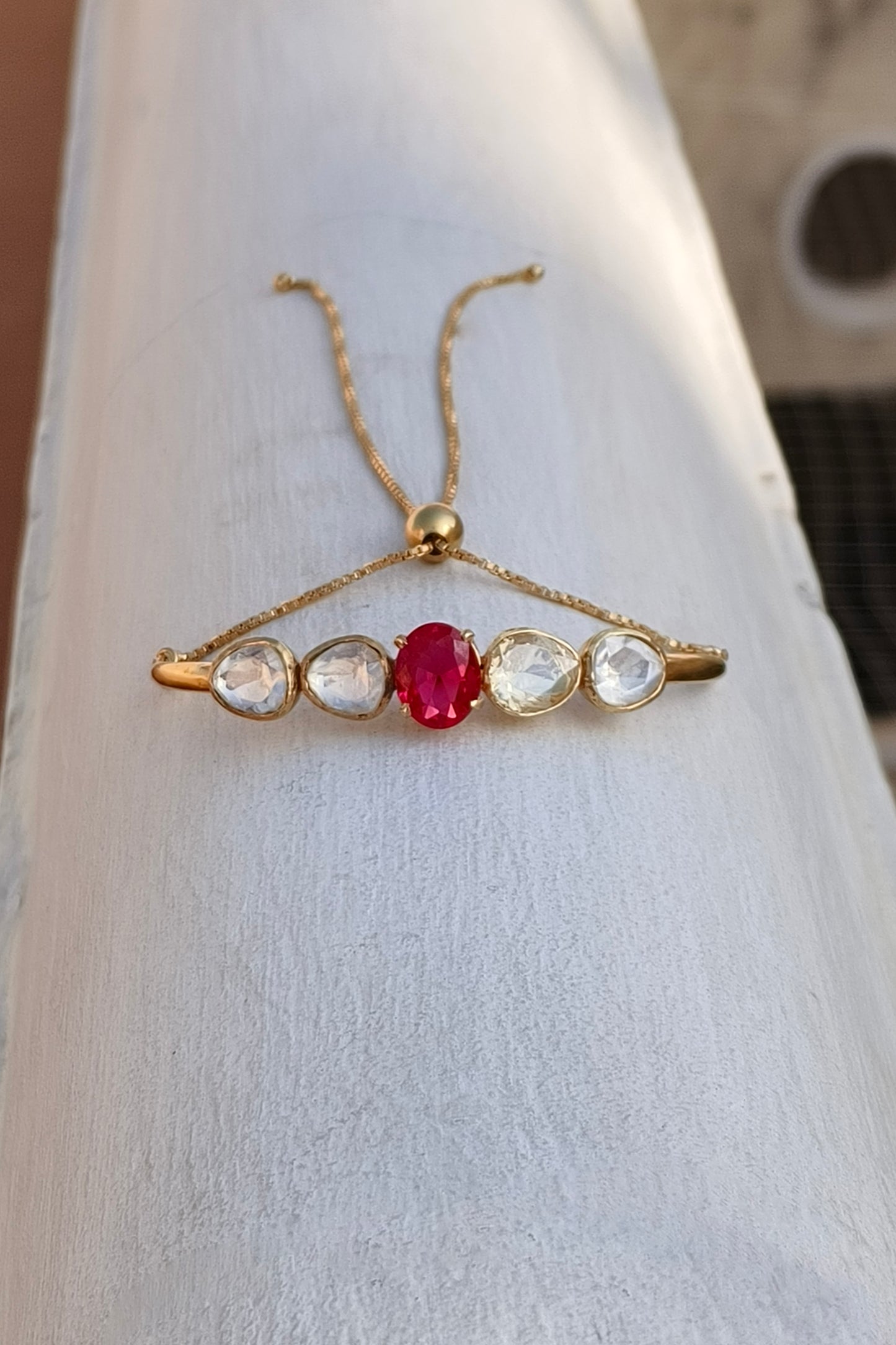 Gold Plated Ruby And Moissanite Gemstone Adjustable Bracelet Jewelry