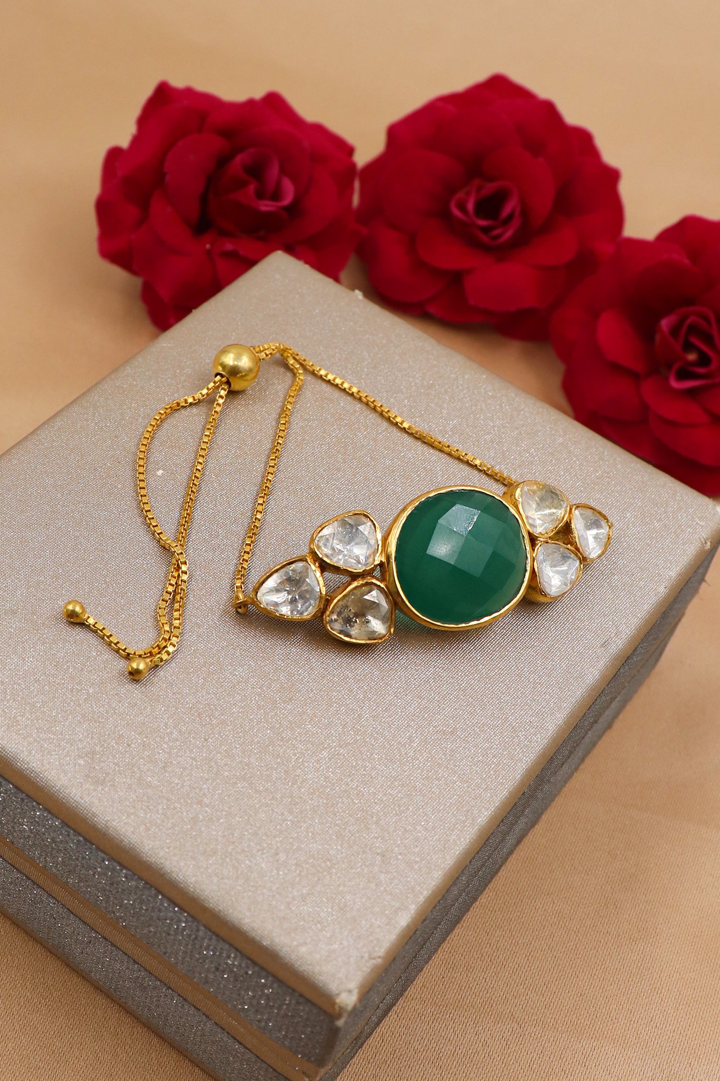 Trendy Gold Plated Green Onyx And Moissanite Gemstone Adjustable Bracelet Jewelry