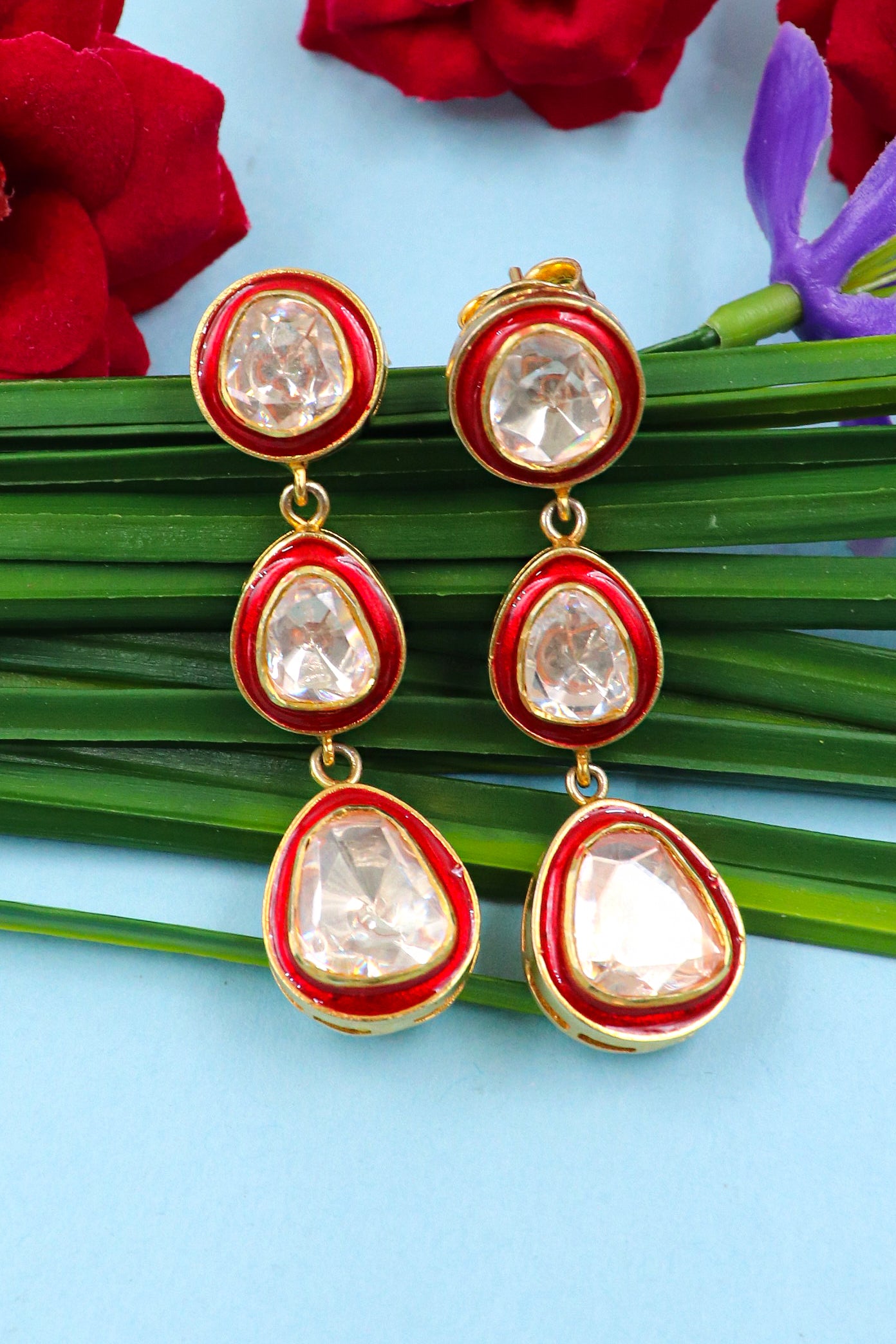 Fancy Style Gold-Plated Moissanite Gemstone With Meenakari Earrings Jewelry