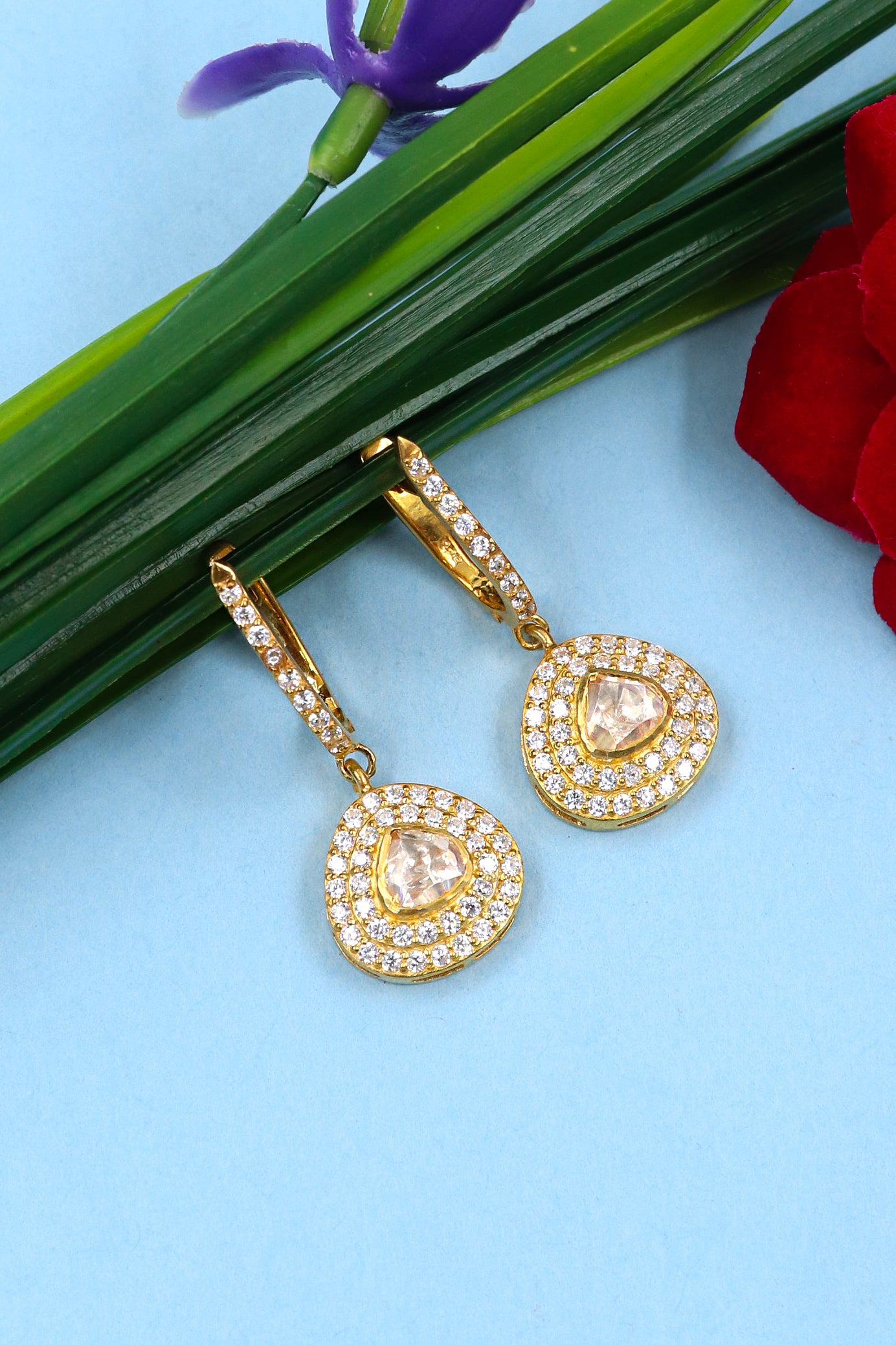 Festive Gold-Plated Earring Featuring Moissanite Gemstone and CZ Sparkle