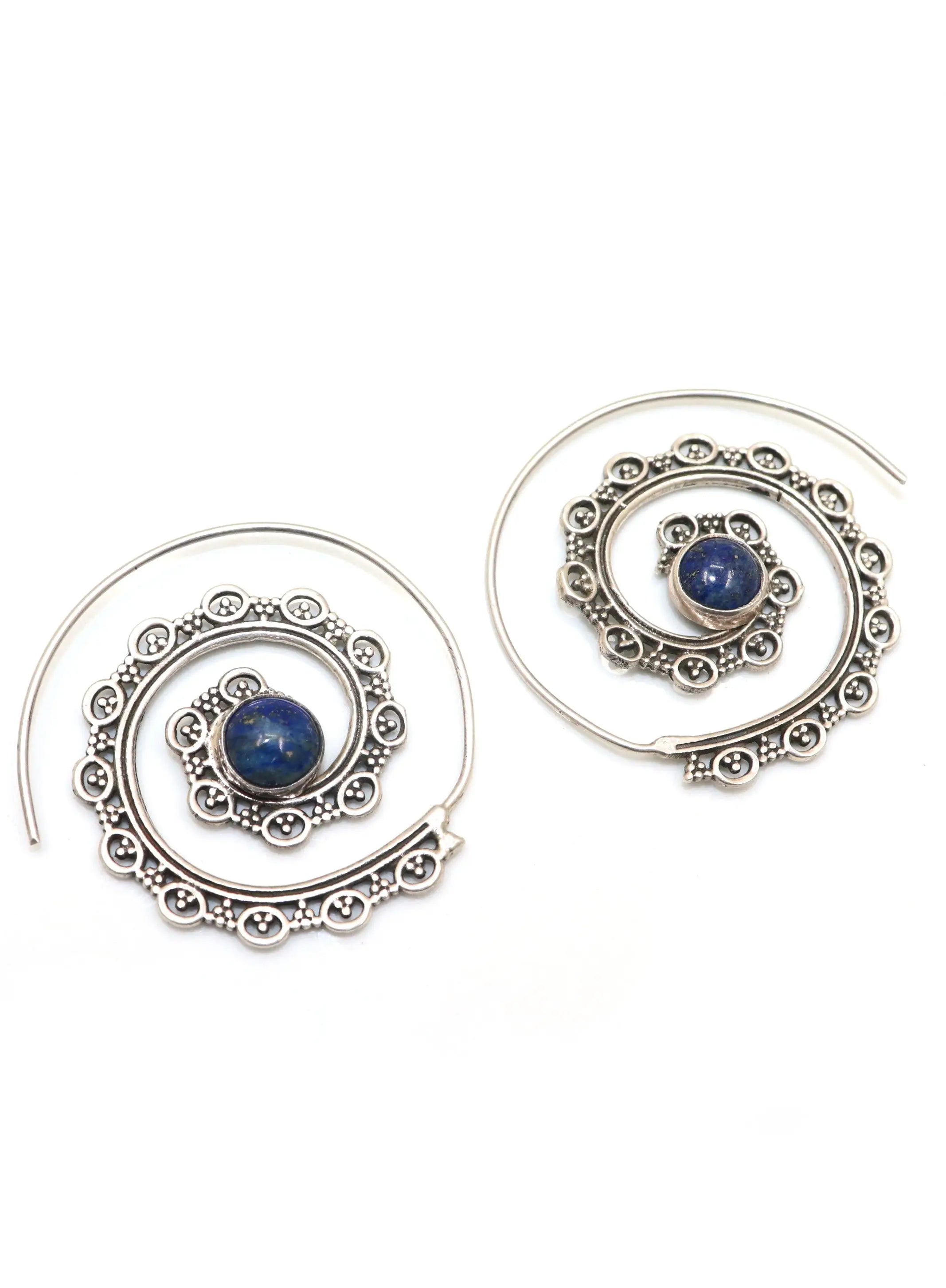 Lapis Lazuli Gemstone with Silver Spinal Design Earring Jewelry - VJewels