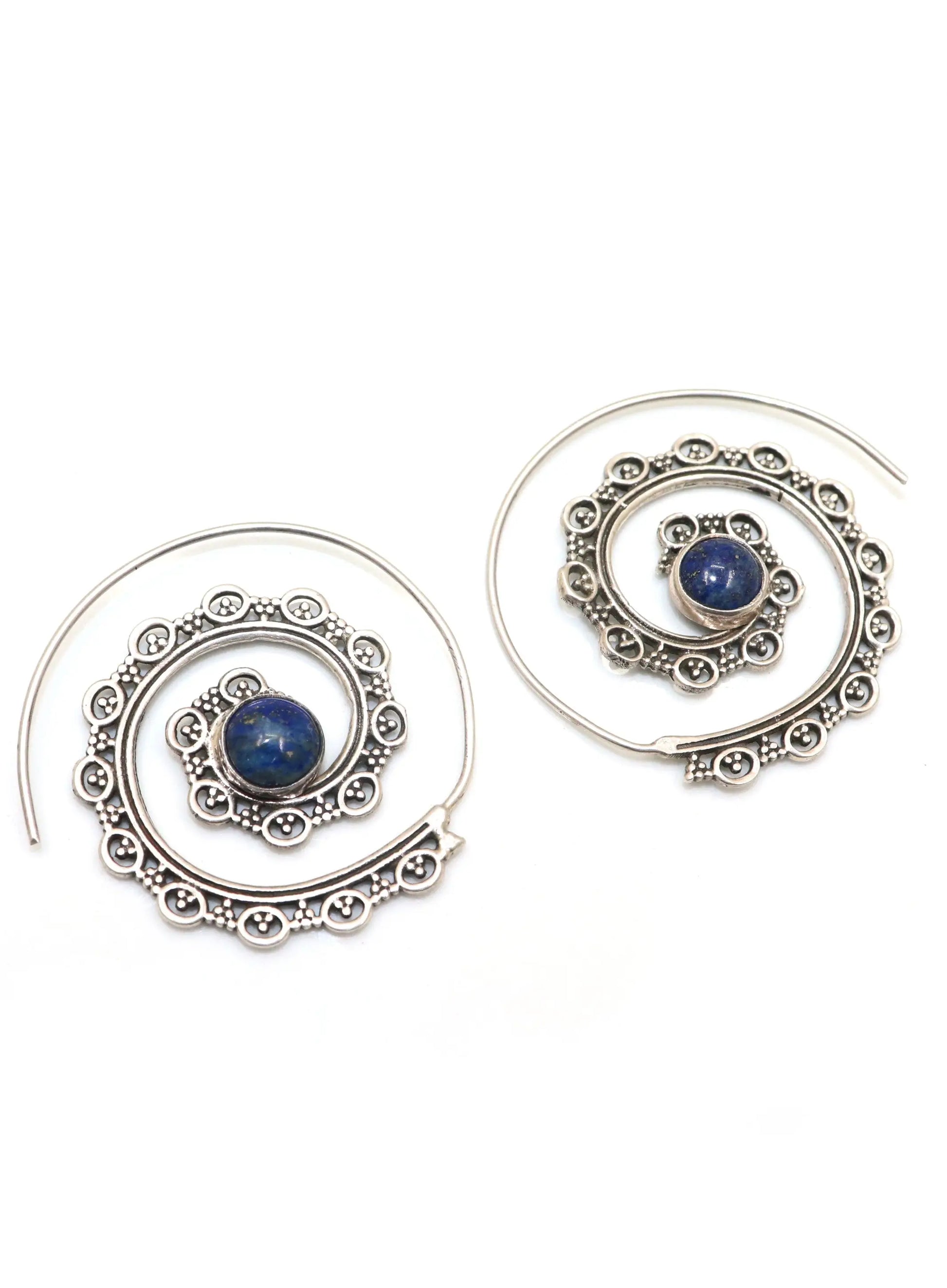 Lapis Lazuli Gemstone with Silver Spinal Design Earring Jewelry - VJewels