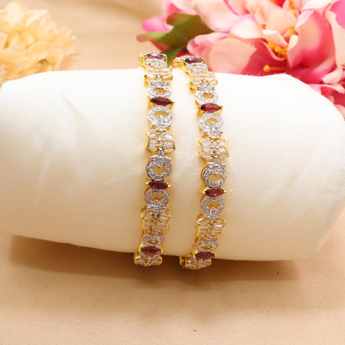 Garnet & CZ Floral Bangle