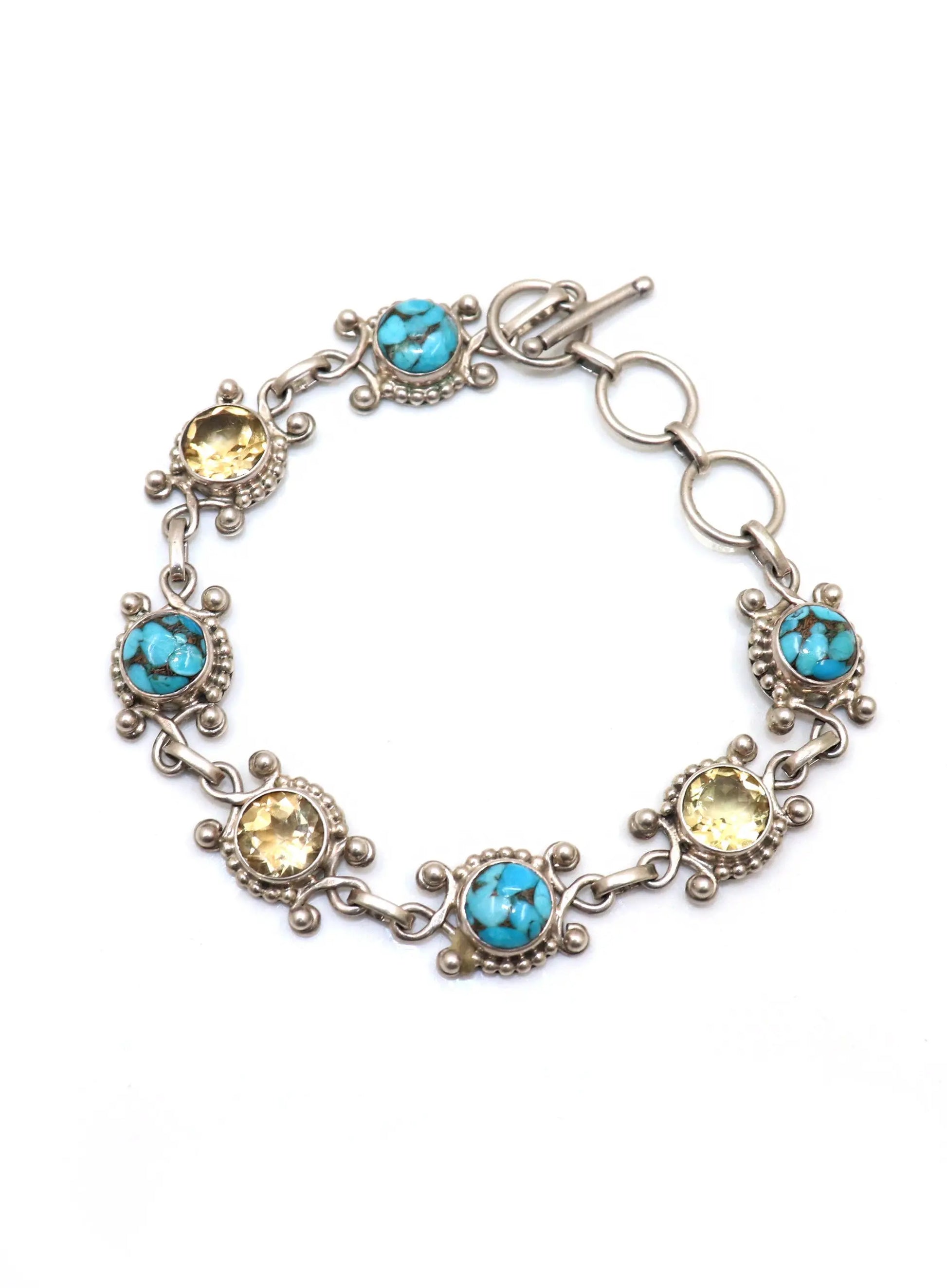 Elegant Citrine With Turquoise Gemstone Adjustable Silver Bracelet Jewelry - VJewels