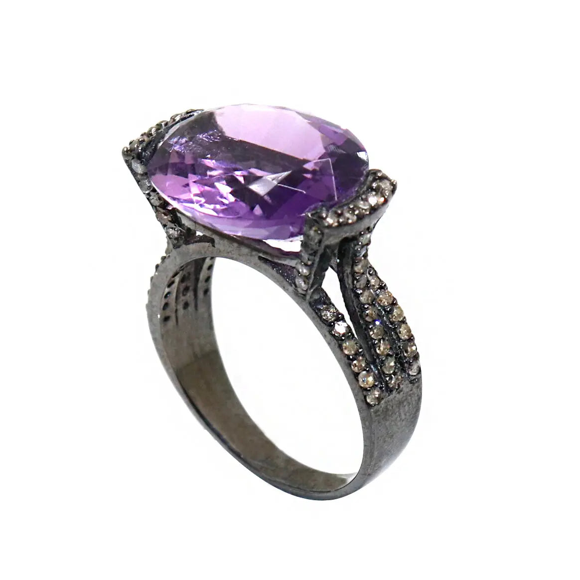 Victorian Era Purple Amethyst And Diamond Black Oxide Plated Ring Jewelry VJewels