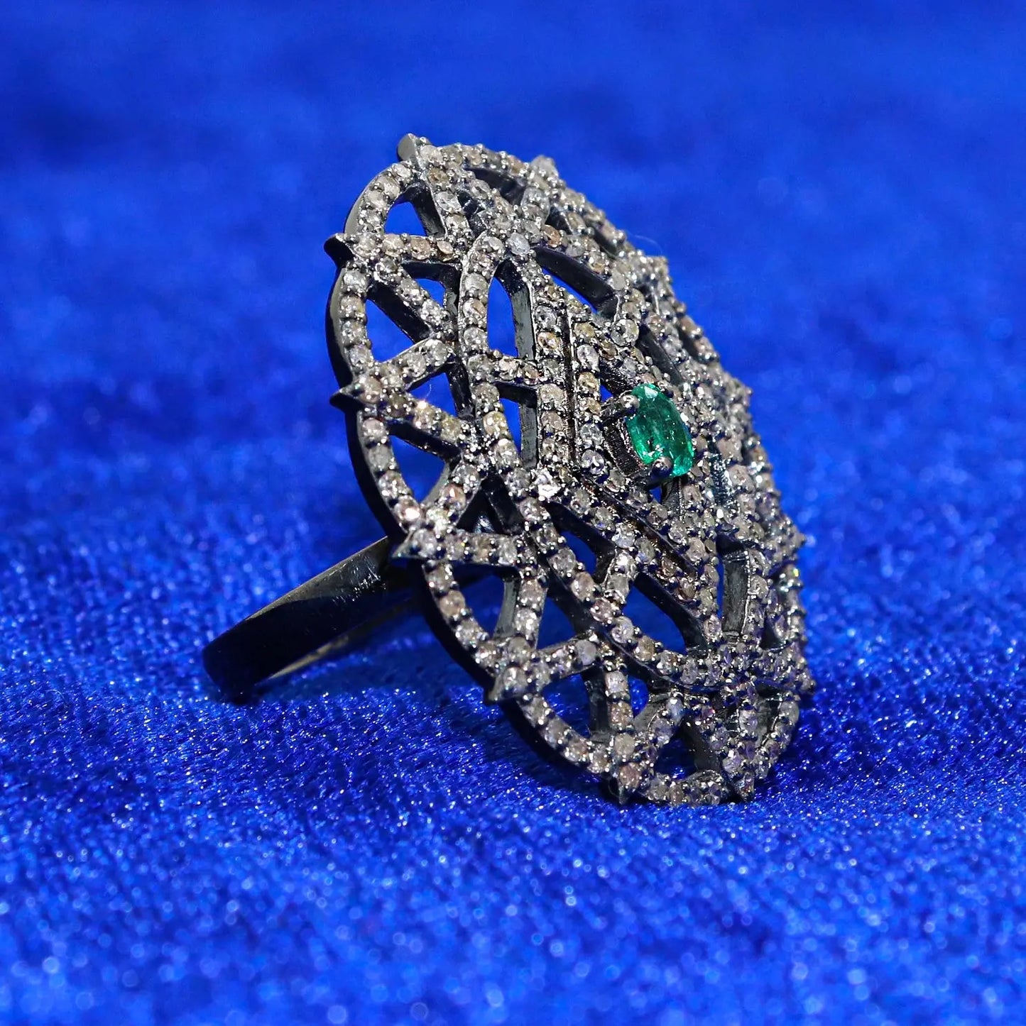 Victorian Era Semi Precious Emerald Gemstone And Diamonds Ring Jewelry VJewels